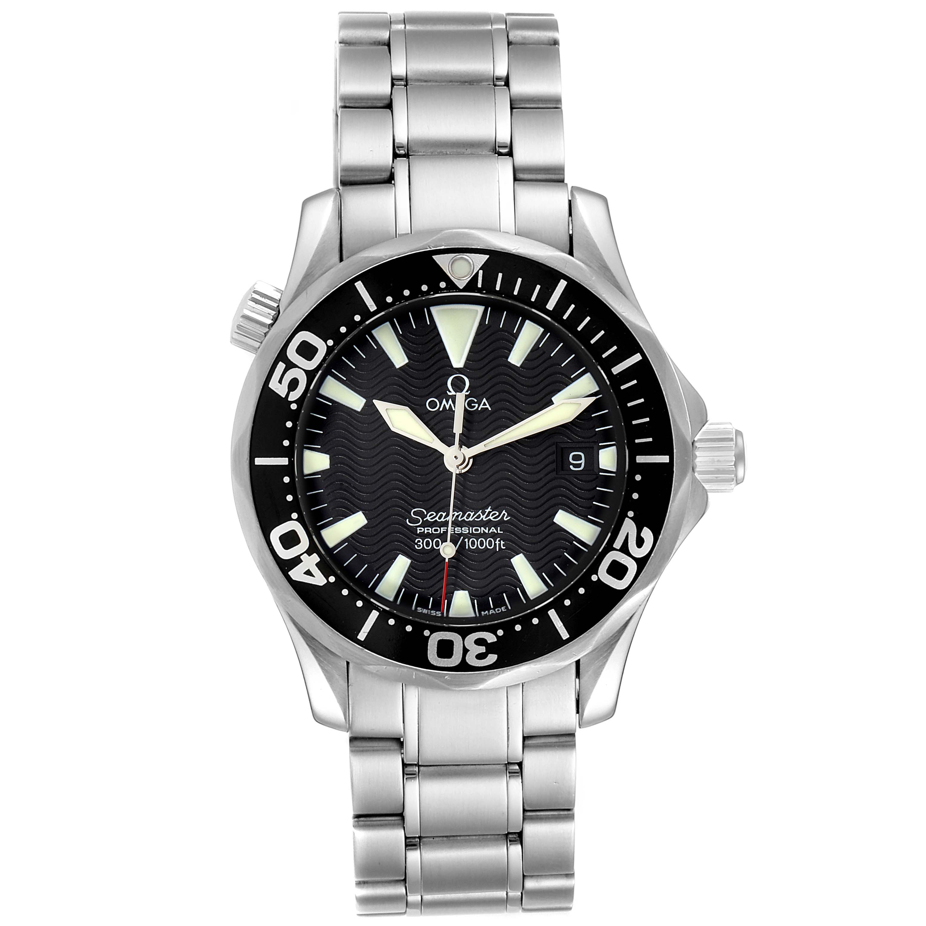 The image shows a front view of the Omega Seamaster 2262.50.00 Men
s Stainless Steel Black Dial 2262.50.00 Men
s Stainless Steel Black Dial watch, highlighting the face, bezel, crown, and bracelet.