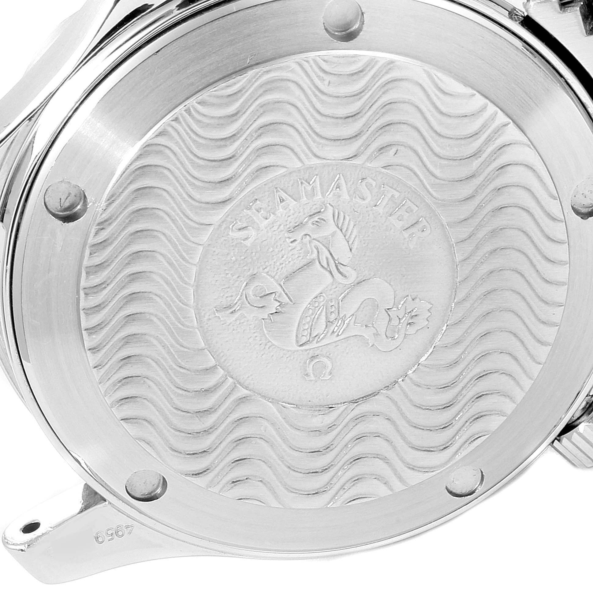 This image shows the engraved case back of an Omega Seamaster 2552.80.00 Men
s Stainless Steel Blue Dial 2552.80.00 Men
s Stainless Steel Blue Dial watch.