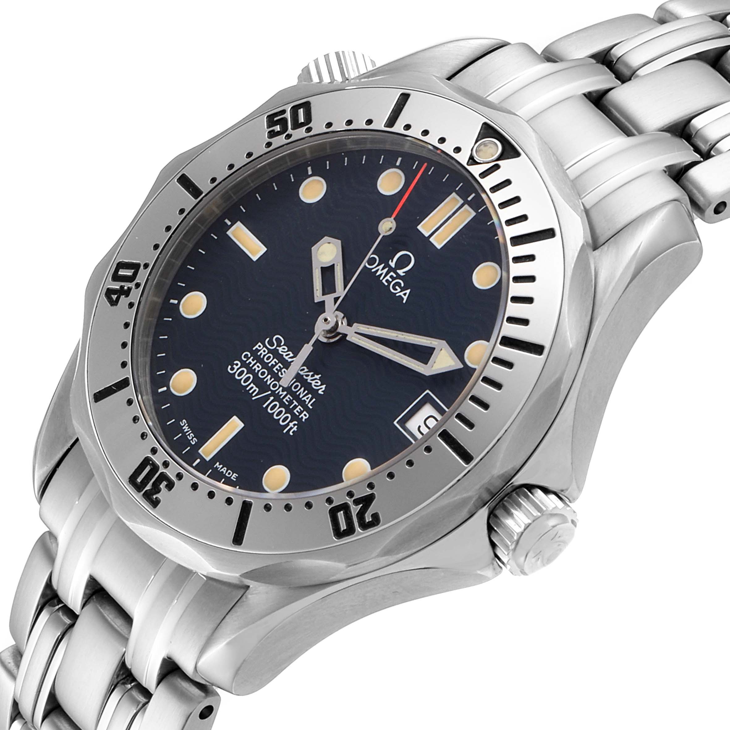 The Omega Seamaster 2552.80.00 Men
s Stainless Steel Blue Dial 2552.80.00 Men
s Stainless Steel Blue Dial watch is shown at a slight angle, featuring the face, bezel, bracelet, and crown.