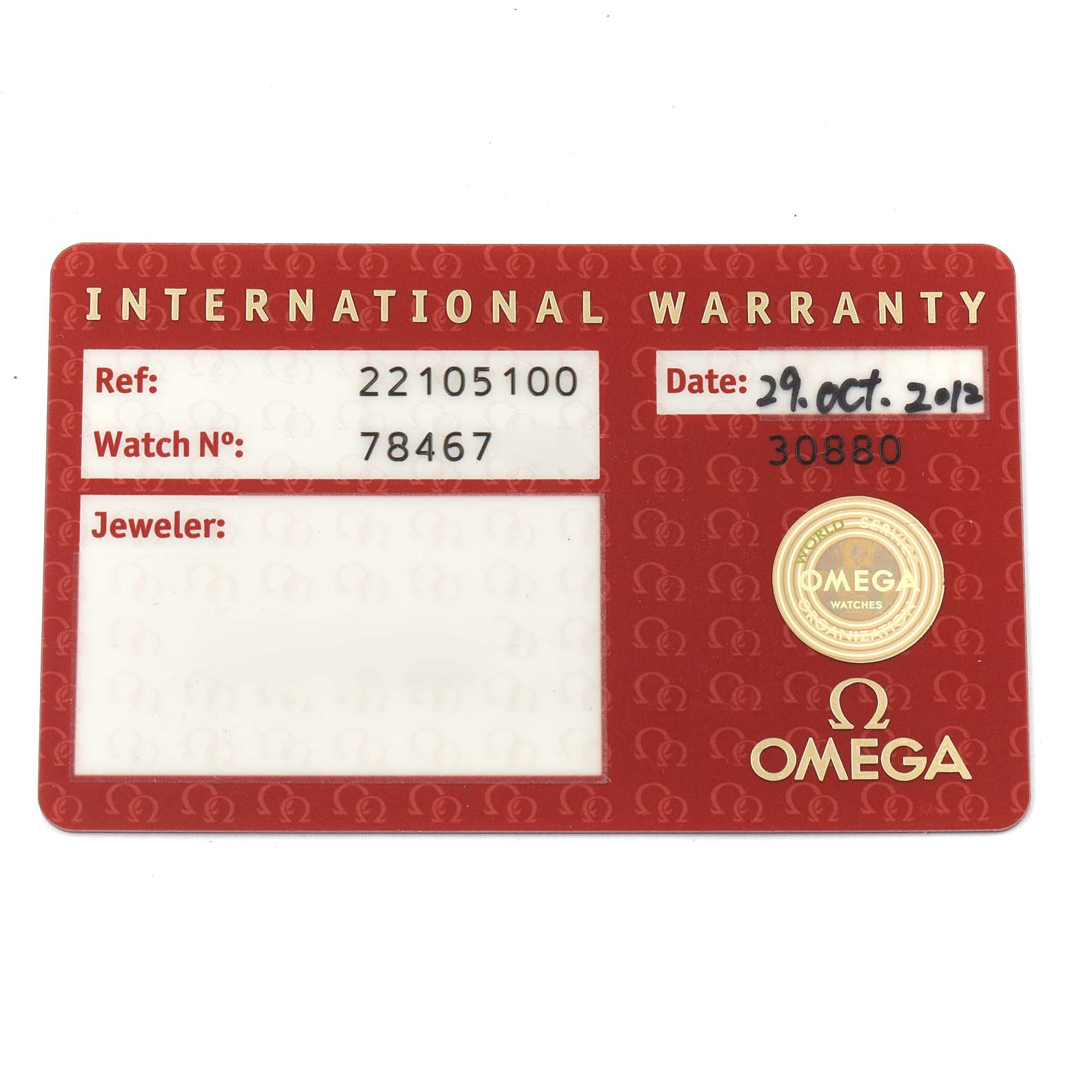 The image shows the international warranty card for the Omega Planet Ocean 2210.51.00 Men's Stainless Steel Black Dial 2210.51.00 Men's Stainless Steel Black Dial model watch, featuring reference and watch numbers, date, and jeweler fields.