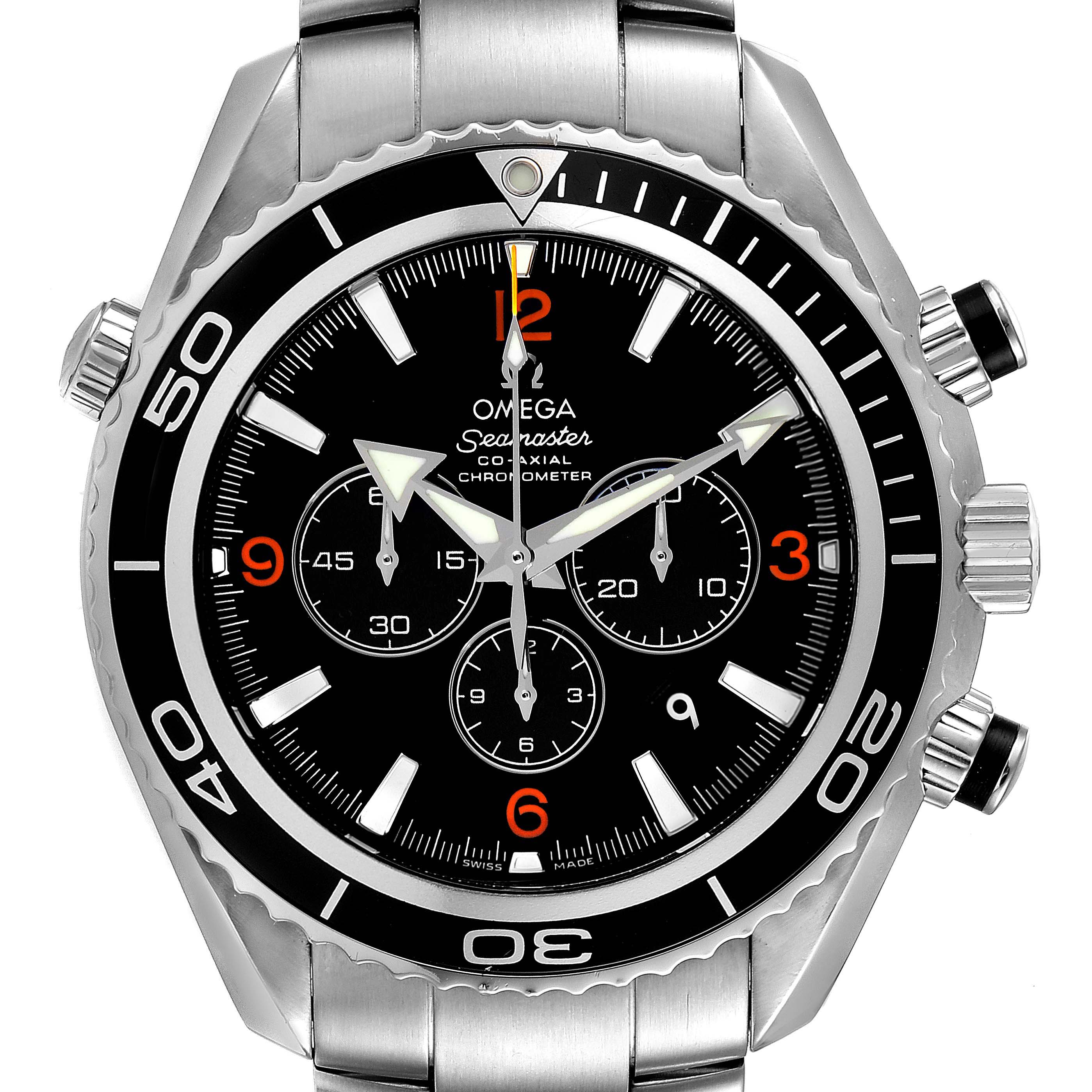 The image shows a front view of an Omega Planet Ocean 2210.51.00 Men's Stainless Steel Black Dial 2210.51.00 Men's Stainless Steel Black Dial watch, highlighting the dial, bezel, and part of the bracelet.