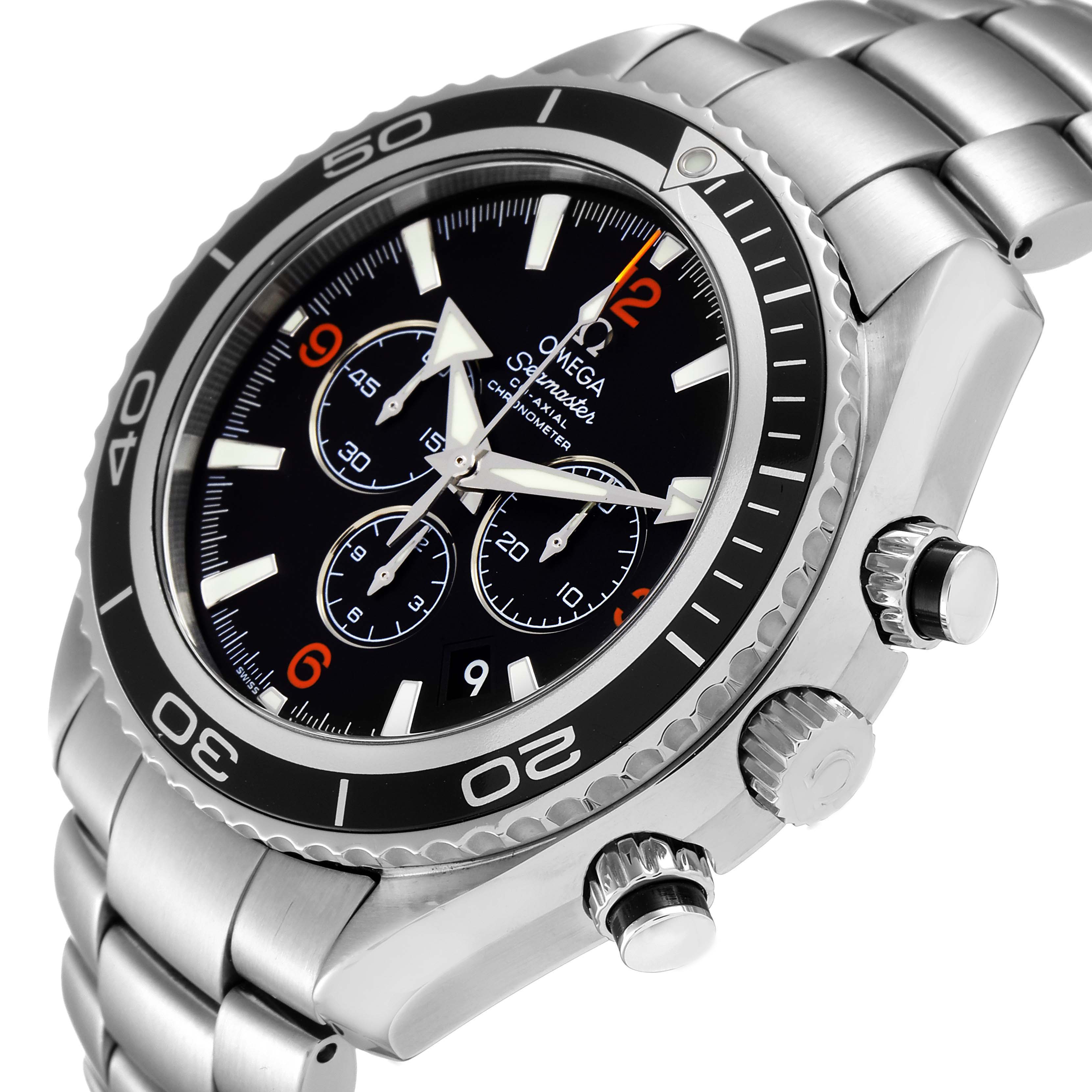 The image shows a side angle view of the Omega Planet Ocean 2210.51.00 Men's Stainless Steel Black Dial 2210.51.00 Men's Stainless Steel Black Dial watch, highlighting the bezel, dial, crown, and bracelet.