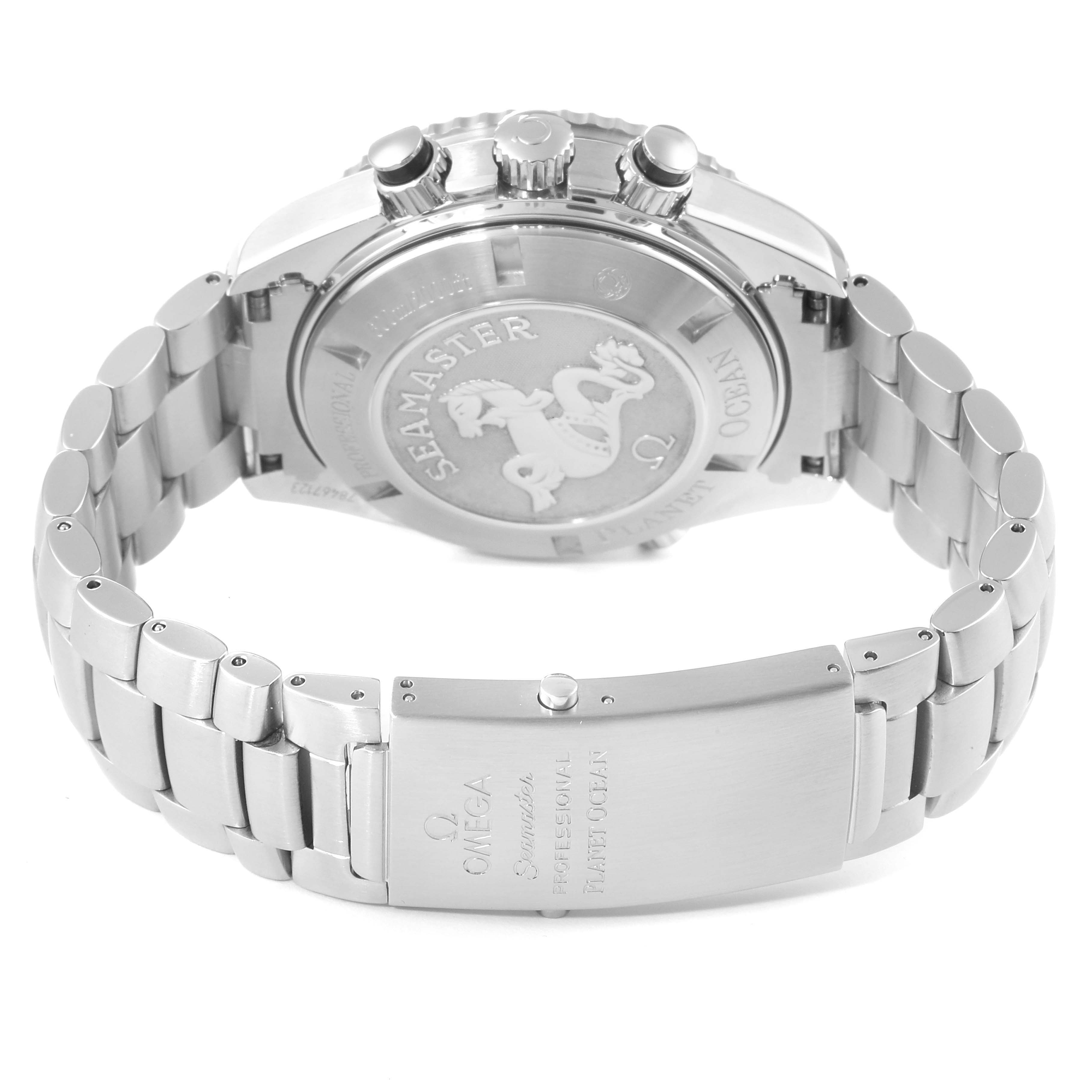 The image shows the back case and stainless steel bracelet of the Omega Planet Ocean 2210.51.00 Men's Stainless Steel Black Dial 2210.51.00 Men's Stainless Steel Black Dial model watch from the Omega Seamaster series.