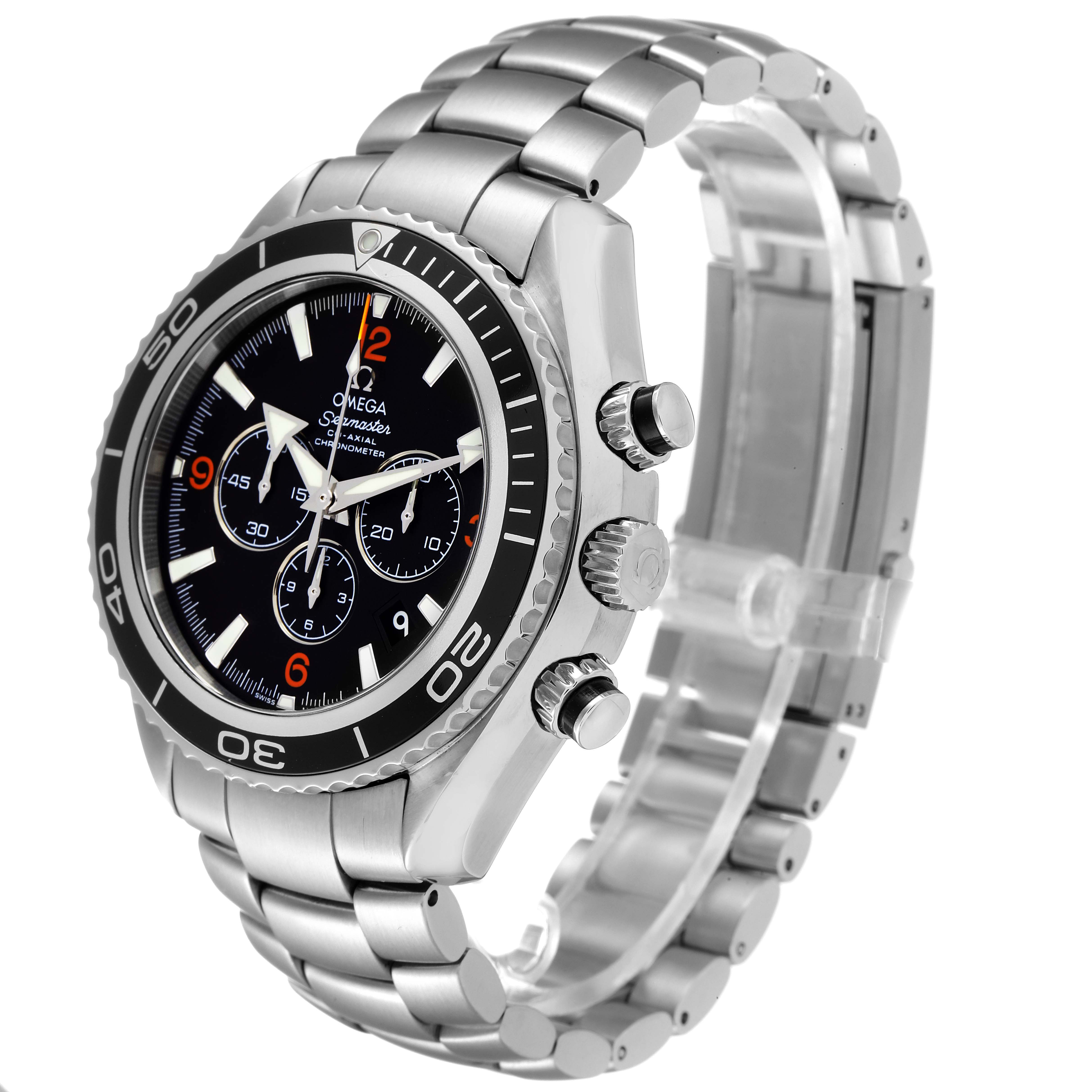 The image shows a side angle of an Omega Planet Ocean 2210.51.00 Men's Stainless Steel Black Dial 2210.51.00 Men's Stainless Steel Black Dial watch, highlighting the bezel, crown, chronograph buttons, and stainless steel bracelet.