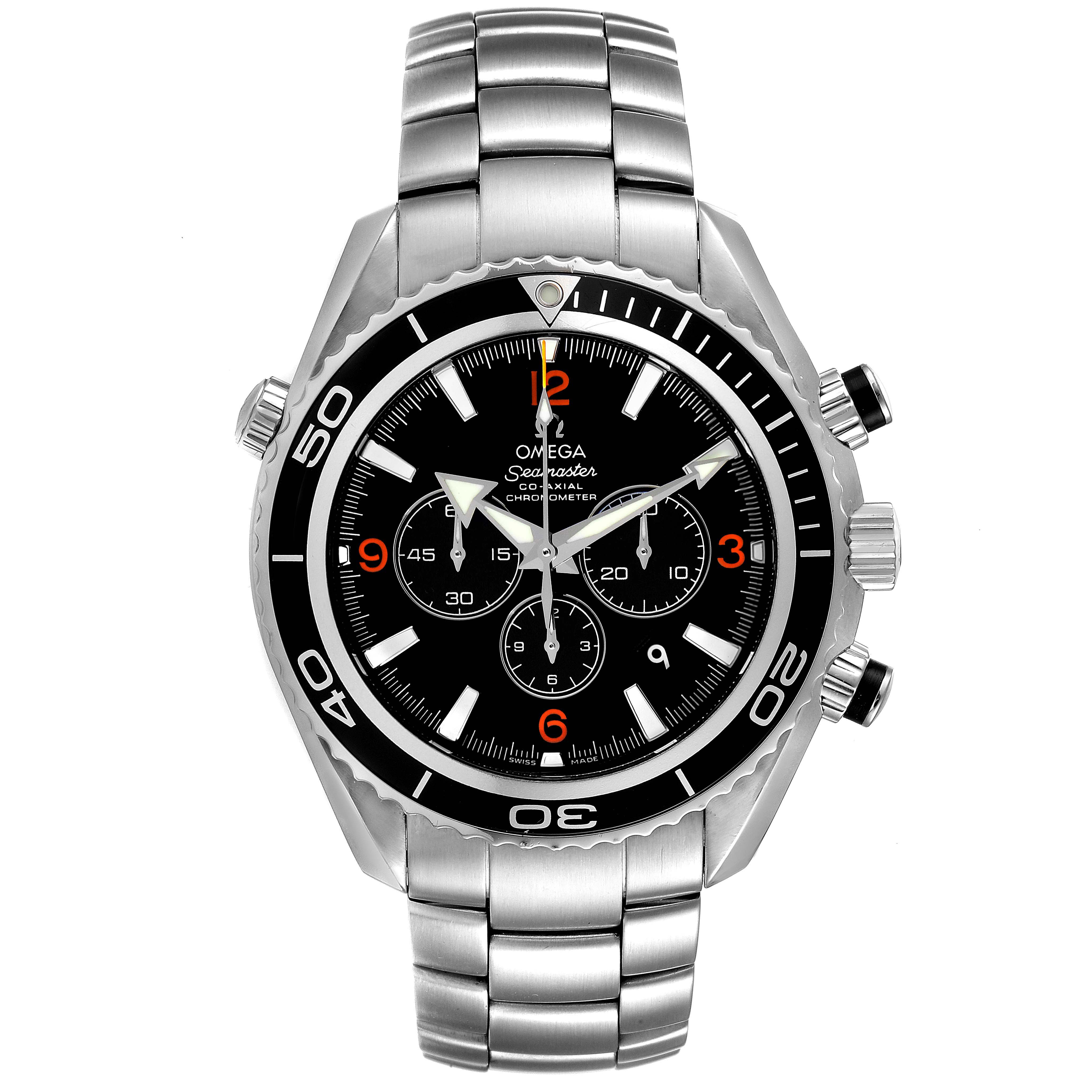 The image shows a front view of the Omega Planet Ocean 2210.51.00 Men's Stainless Steel Black Dial 2210.51.00 Men's Stainless Steel Black Dial watch, displaying its dial, bezel, and stainless steel bracelet.