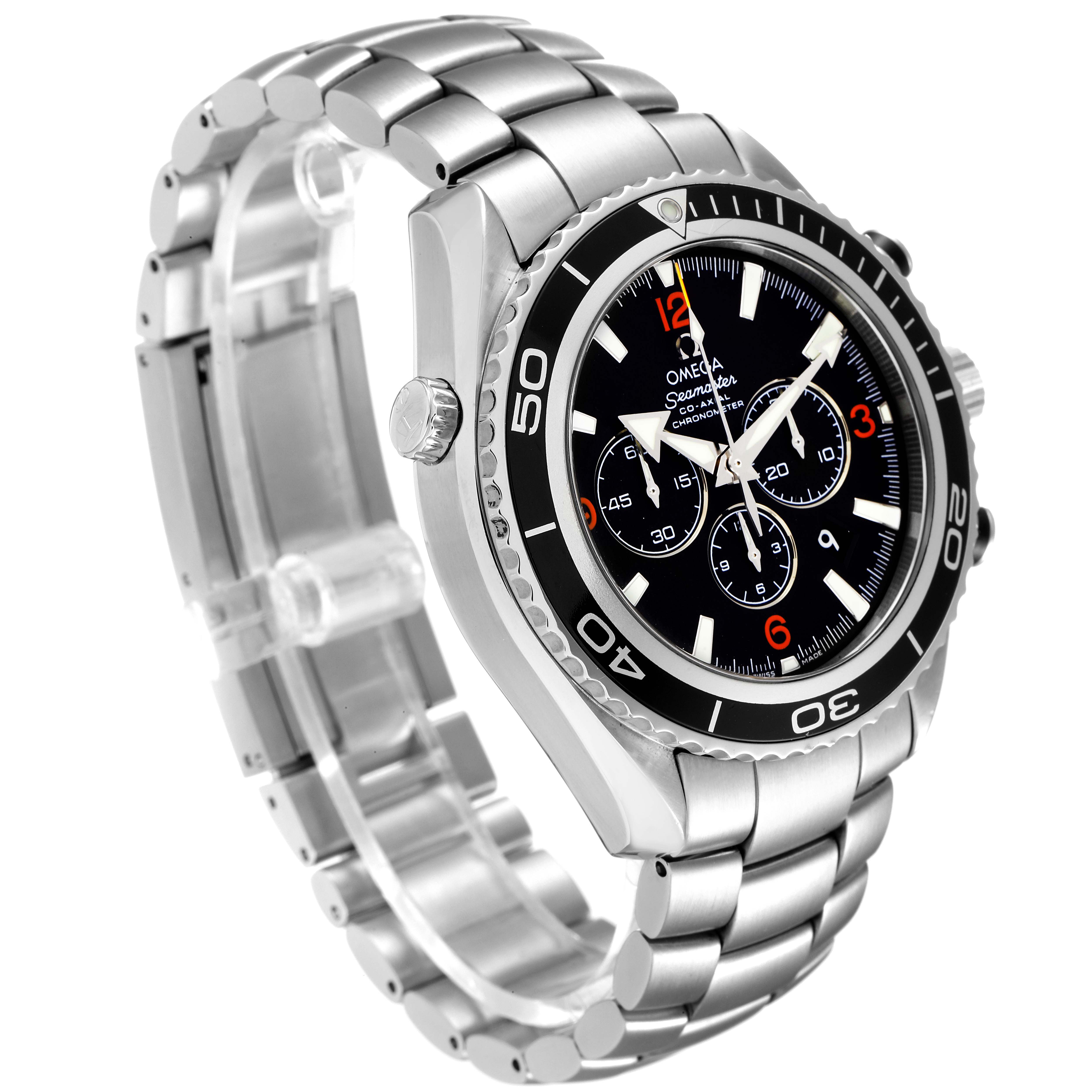 This image shows an Omega Planet Ocean 2210.51.00 Men's Stainless Steel Black Dial 2210.51.00 Men's Stainless Steel Black Dial watch at an angle displaying the face, bezel, and part of the bracelet.