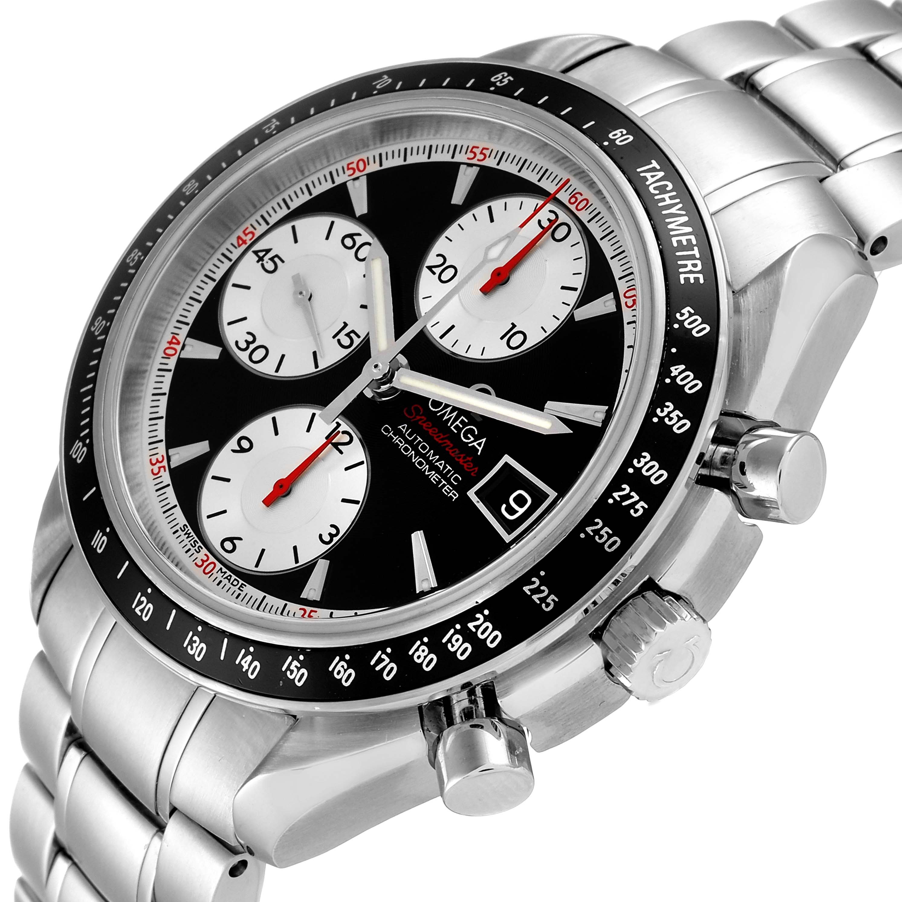 The Omega Speedmaster 3210.51.00 Men
s Stainless Steel Black Dial 3210.51.00 Men
s Stainless Steel Black Dial watch is shown at an angle displaying the face, bezel, chronograph subdials, date window, and part of the bracelet.