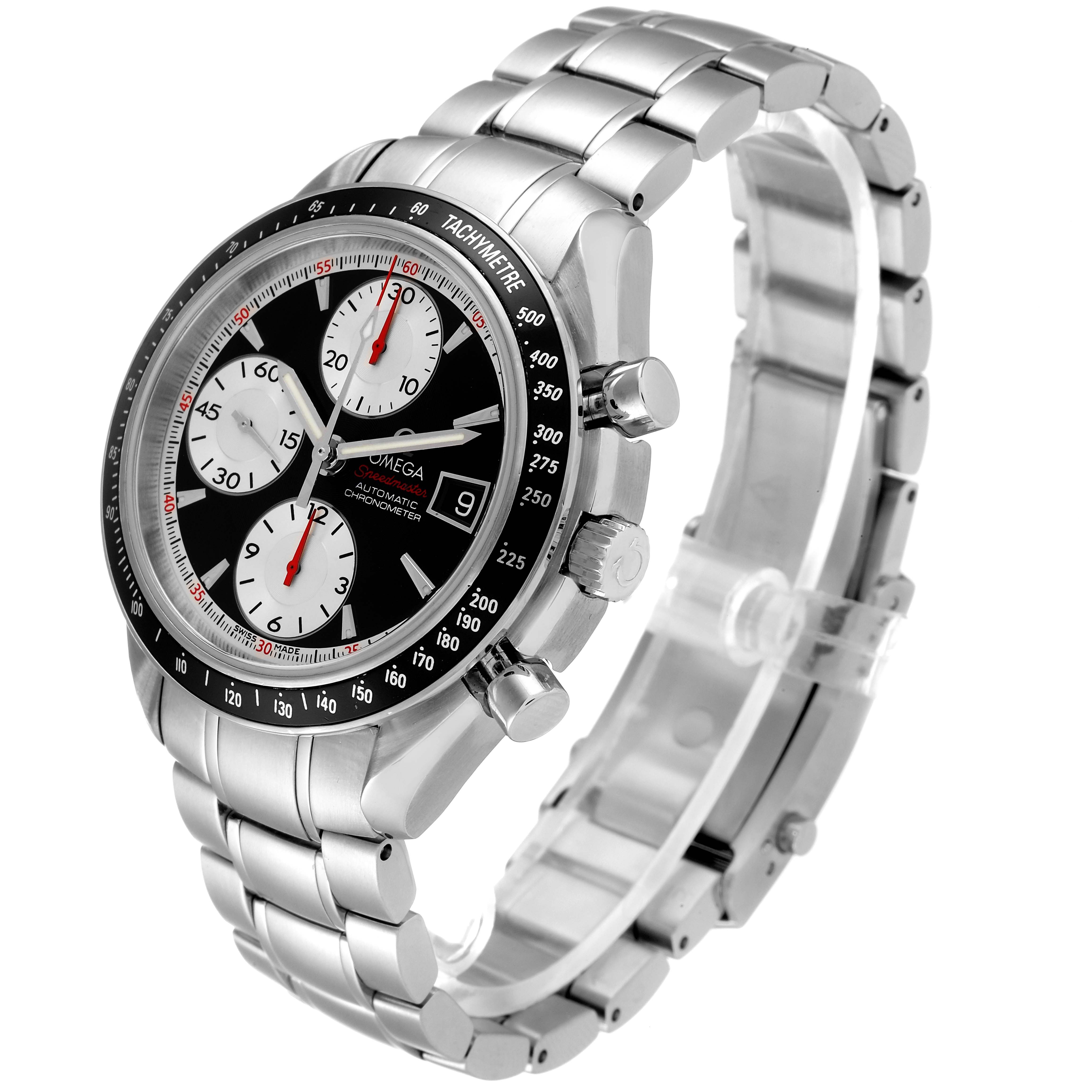 The Omega Speedmaster 3210.51.00 Men
s Stainless Steel Black Dial 3210.51.00 Men
s Stainless Steel Black Dial watch is shown at an angled view, highlighting its dial, bezel, pushers, crown, and bracelet.