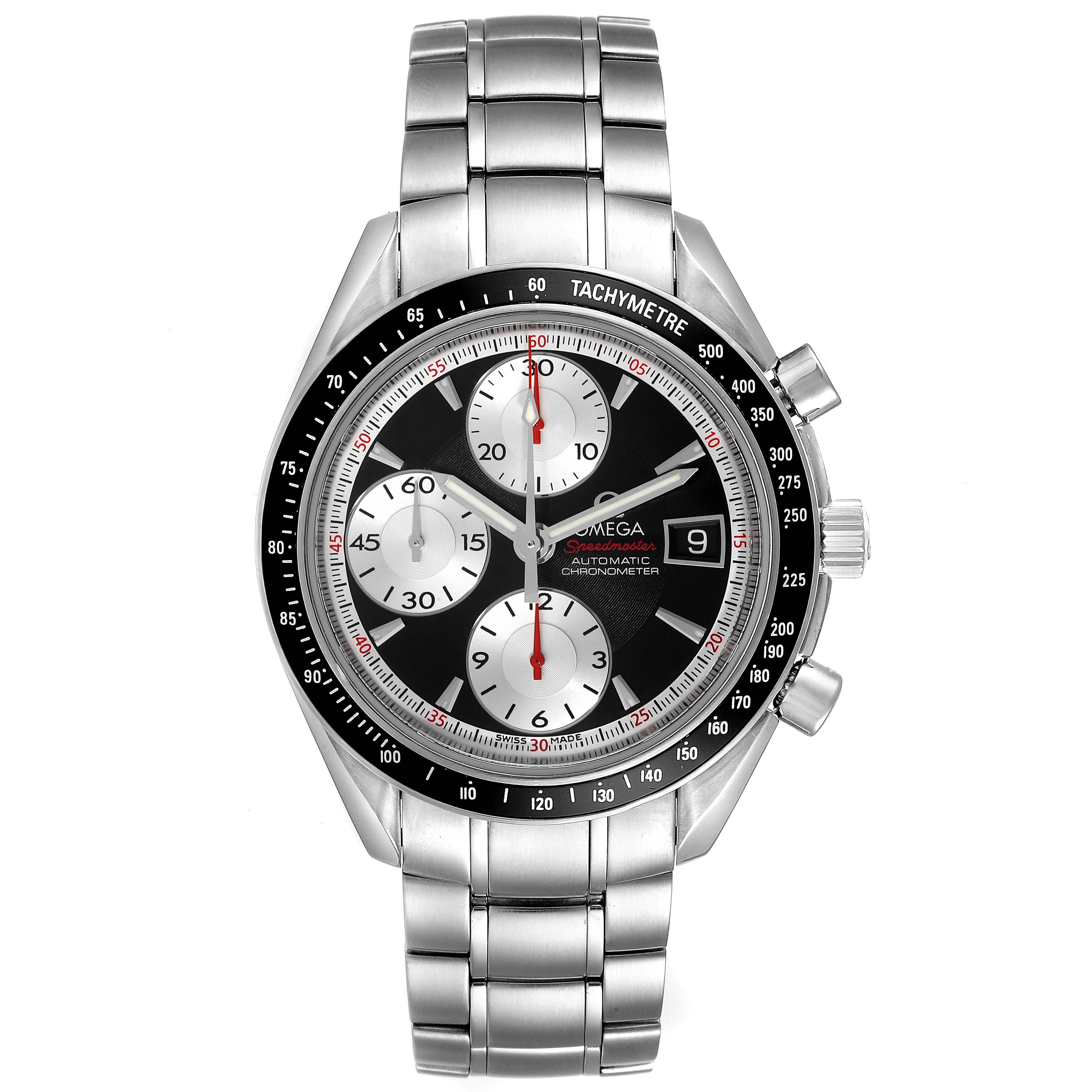 The Omega Speedmaster 3210.51.00 Men
s Stainless Steel Black Dial 3210.51.00 Men
s Stainless Steel Black Dial watch is shown facing front, highlighting its dial, tachymeter bezel, and stainless steel bracelet.