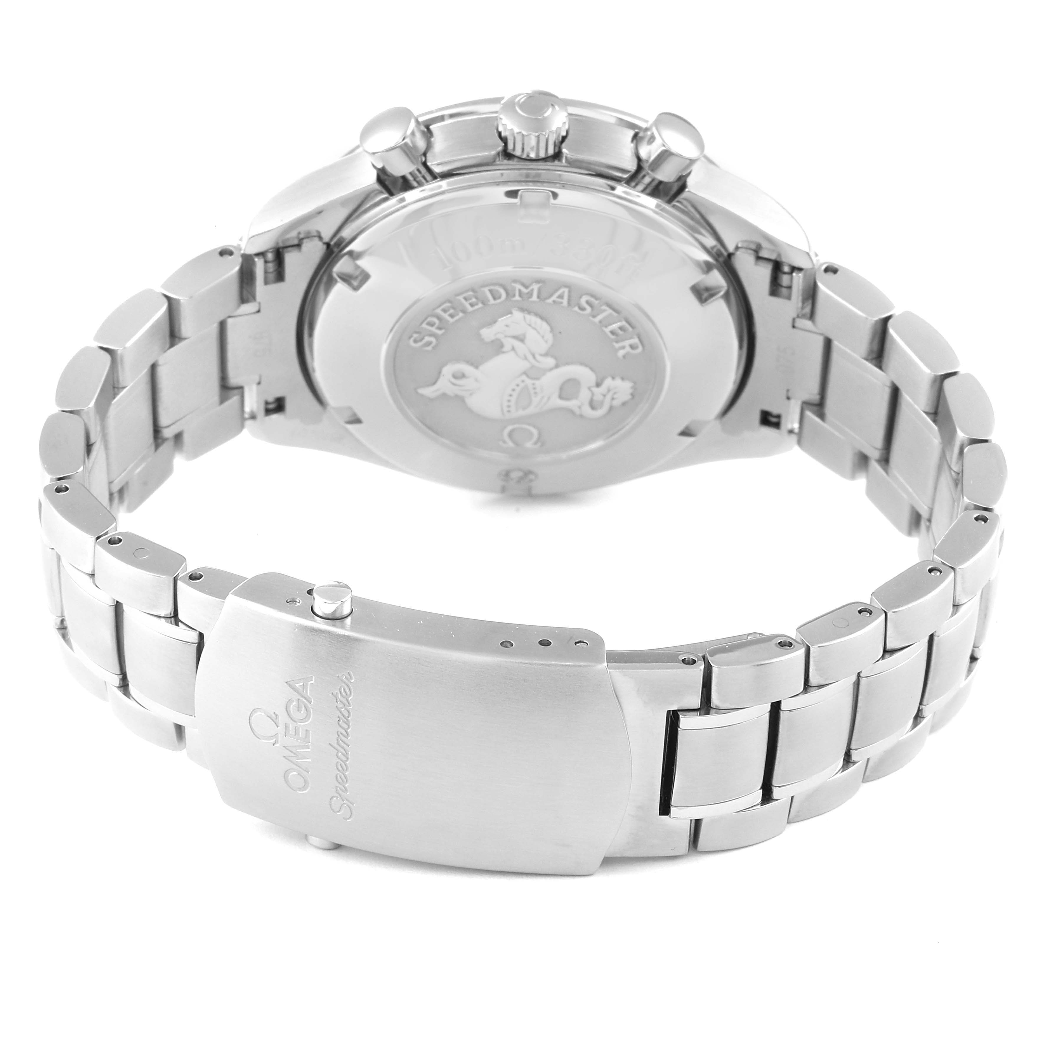 The image shows the back, clasp, and bracelet of the Omega Speedmaster 3210.51.00 Men
s Stainless Steel Black Dial 3210.51.00 Men
s Stainless Steel Black Dial watch.