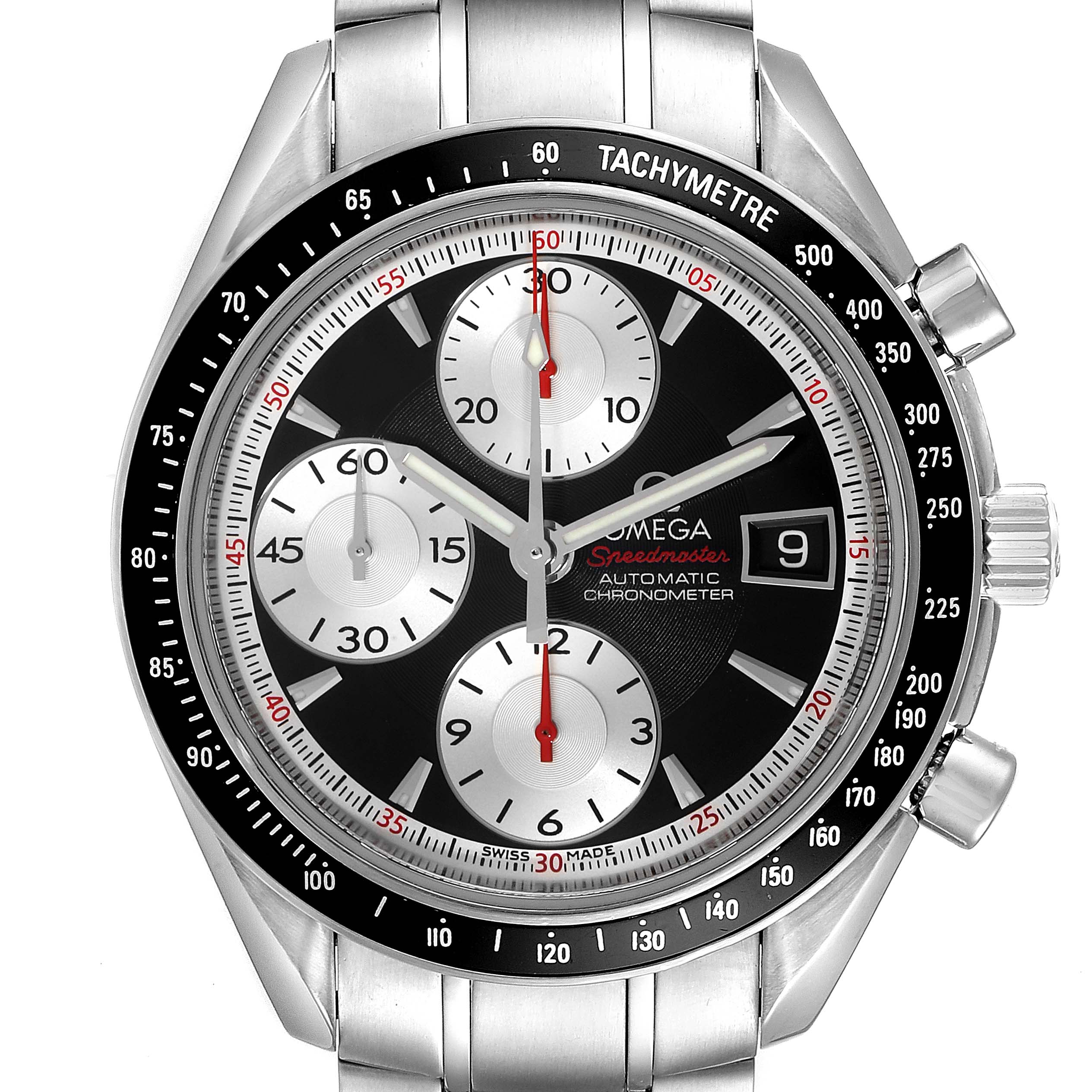 The image shows a front view of the Omega Speedmaster 3210.51.00 Men
s Stainless Steel Black Dial 3210.51.00 Men
s Stainless Steel Black Dial watch, displaying its face, dials, and stainless steel strap.