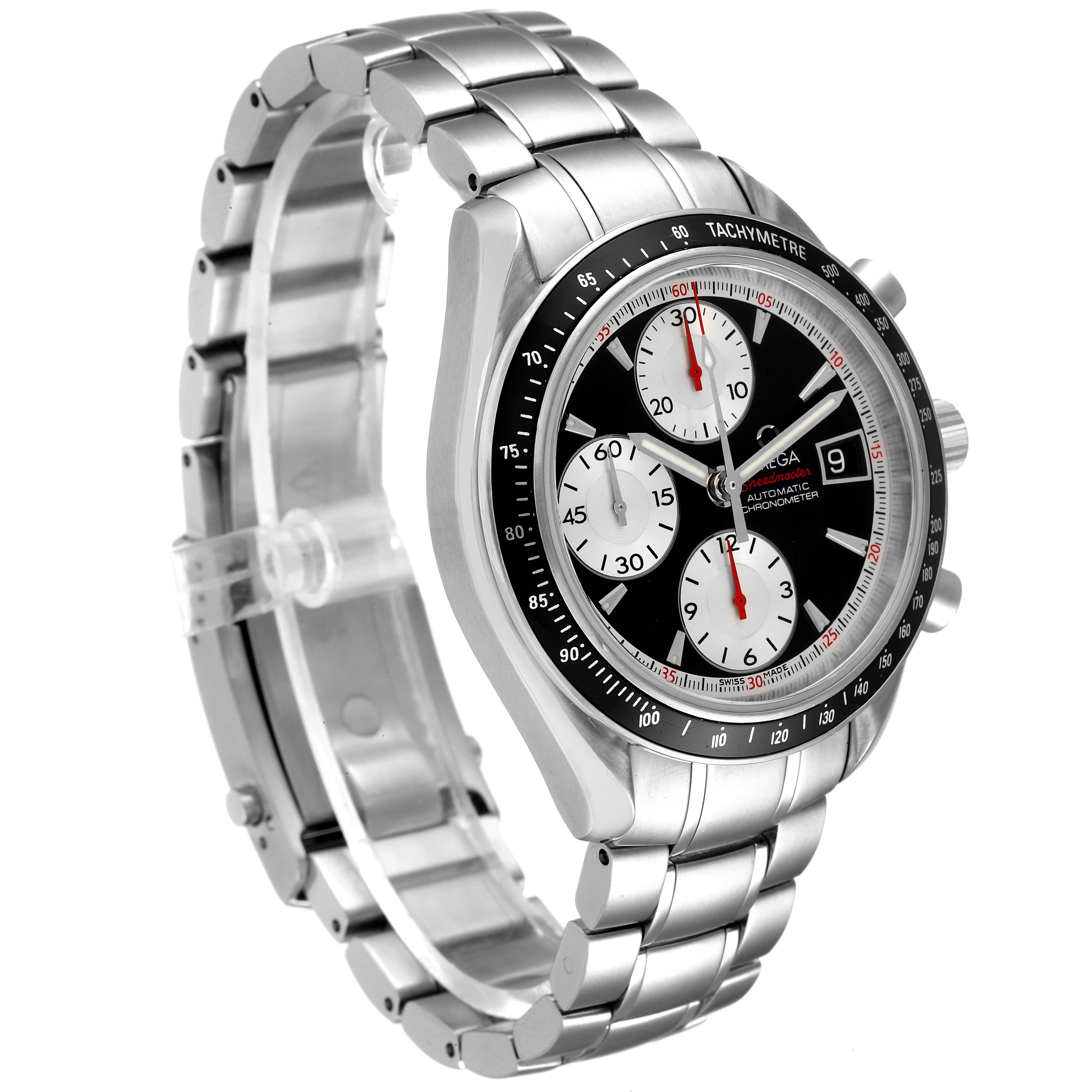 The Omega Speedmaster 3210.51.00 Men
s Stainless Steel Black Dial 3210.51.00 Men
s Stainless Steel Black Dial watch is shown at an angle highlighting the bracelet, tachymeter bezel, and chronograph subdials.