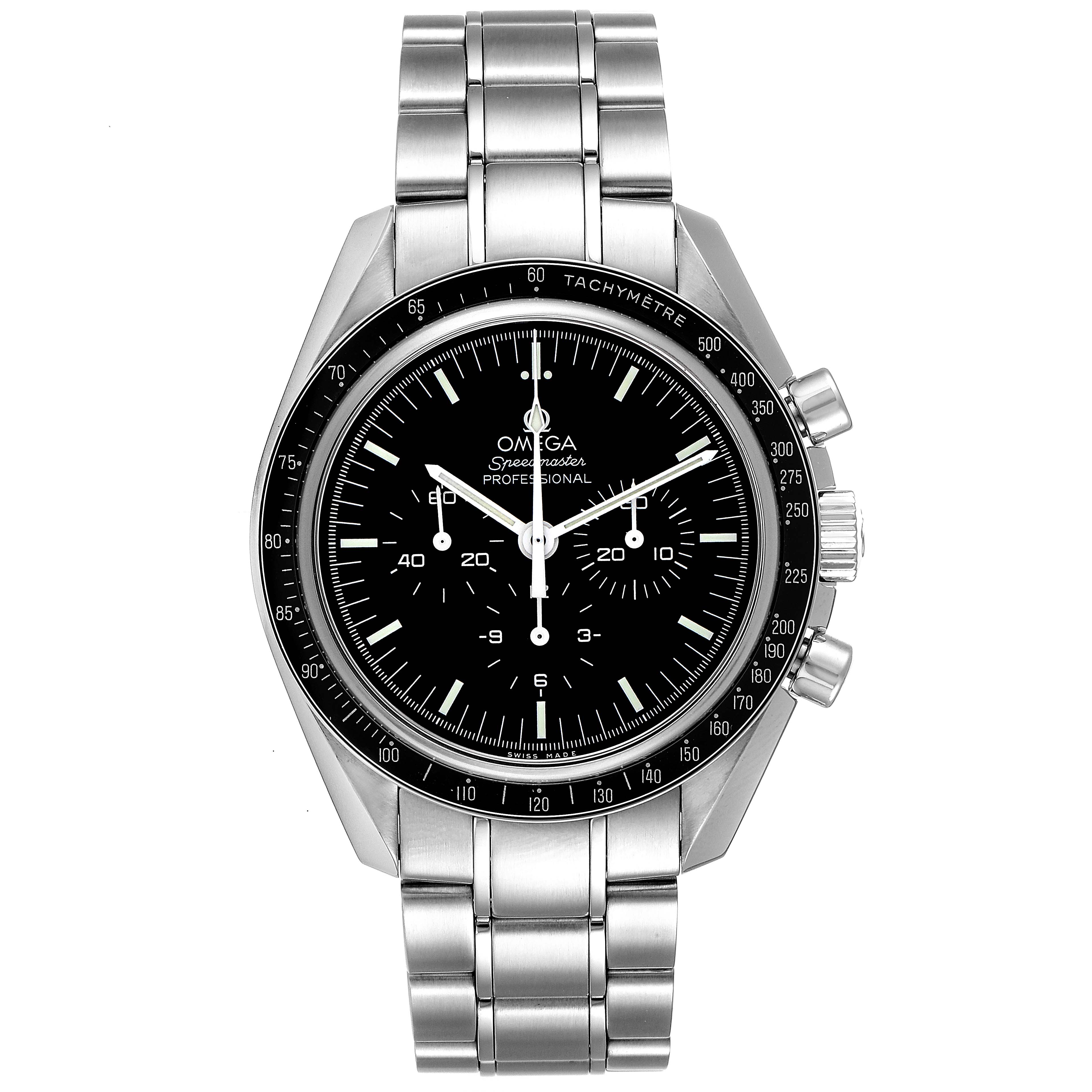 The image shows a frontal view of the Omega Speedmaster 311.30.42.30.01.006 Men's Stainless Steel Black Dial 311.30.42.30.01.006 Men's Stainless Steel Black Dial watch, displaying its dial, stainless steel bracelet, and tachymeter bezel.