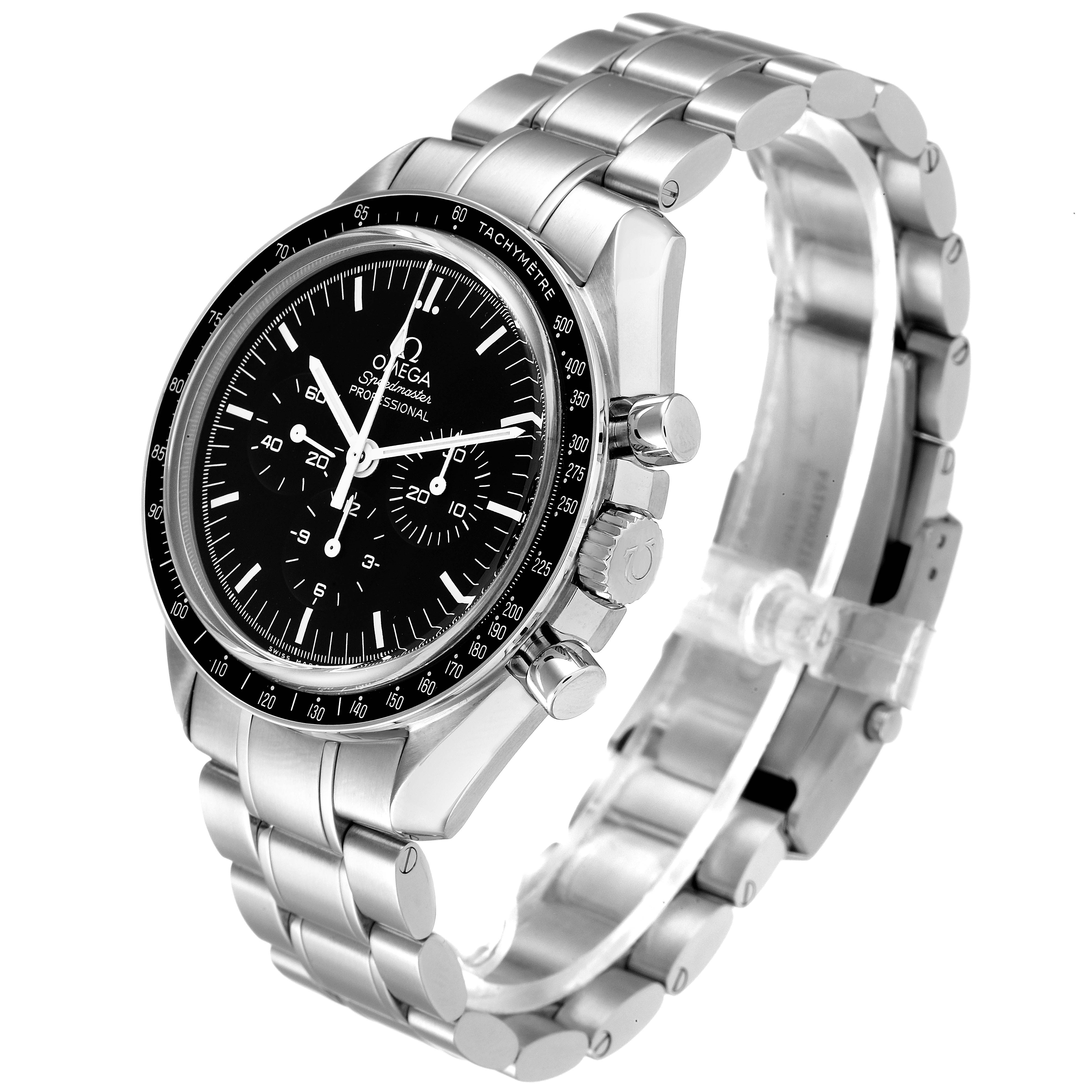 The image shows a side angle view of an Omega Speedmaster 311.30.42.30.01.006 Men's Stainless Steel Black Dial 311.30.42.30.01.006 Men's Stainless Steel Black Dial watch, highlighting the face, bezel, and stainless steel bracelet.