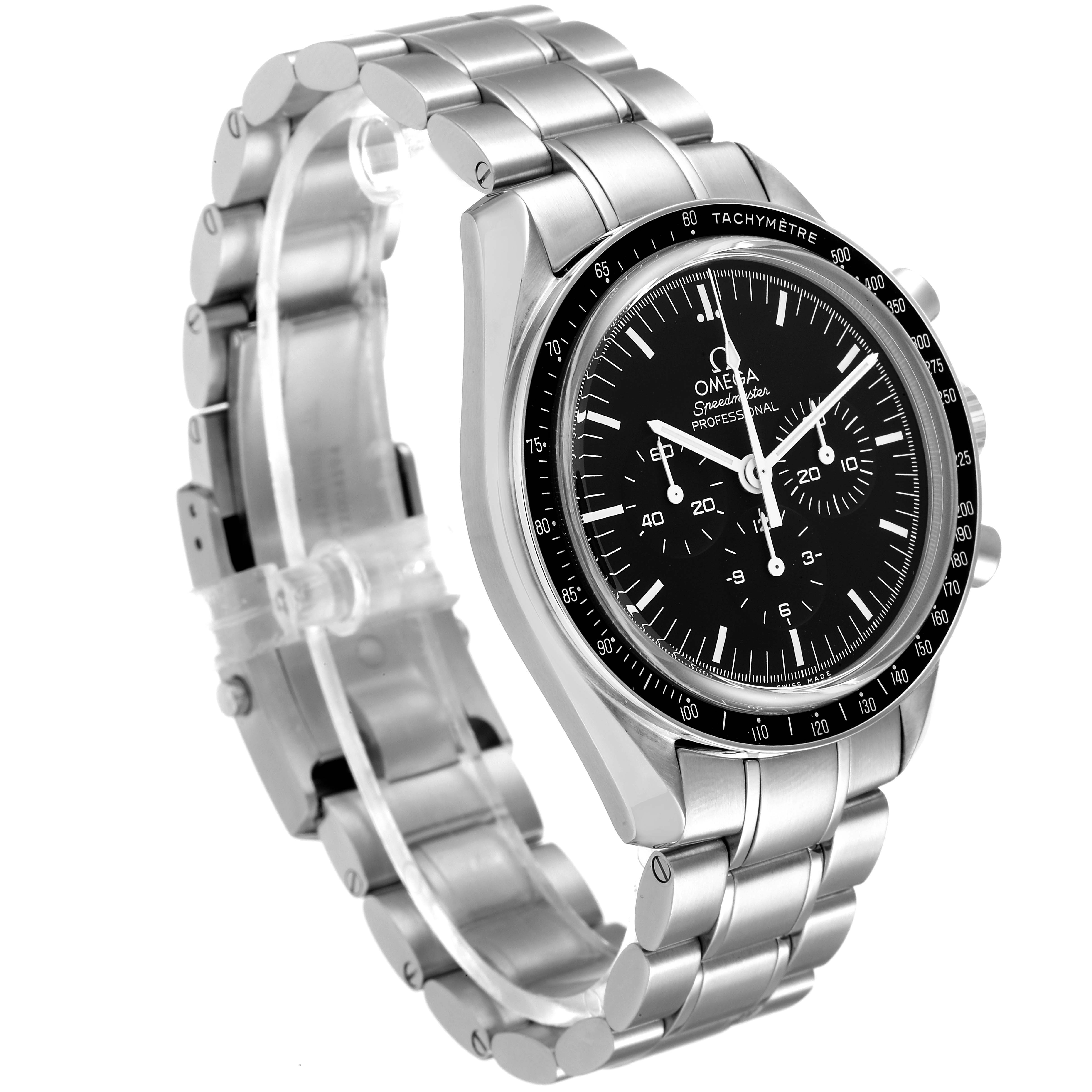 The image shows an angled view of an Omega Speedmaster 311.30.42.30.01.006 Men's Stainless Steel Black Dial 311.30.42.30.01.006 Men's Stainless Steel Black Dial watch, highlighting the dial, bezel, and stainless steel bracelet.