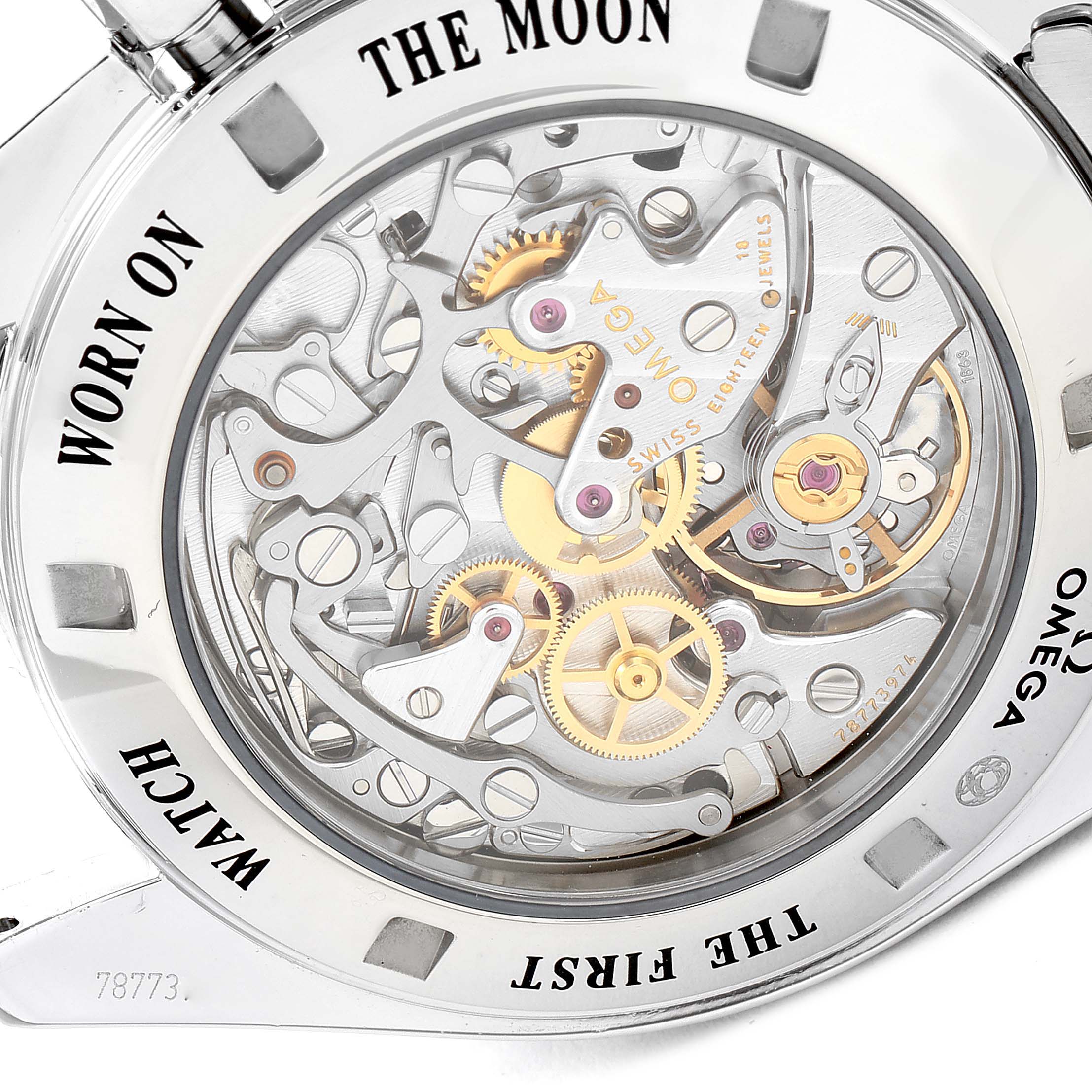 This image shows the back view of the Omega Speedmaster 311.30.42.30.01.006 Men's Stainless Steel Black Dial 311.30.42.30.01.006 Men's Stainless Steel Black Dial watch, highlighting its intricate mechanical movement.