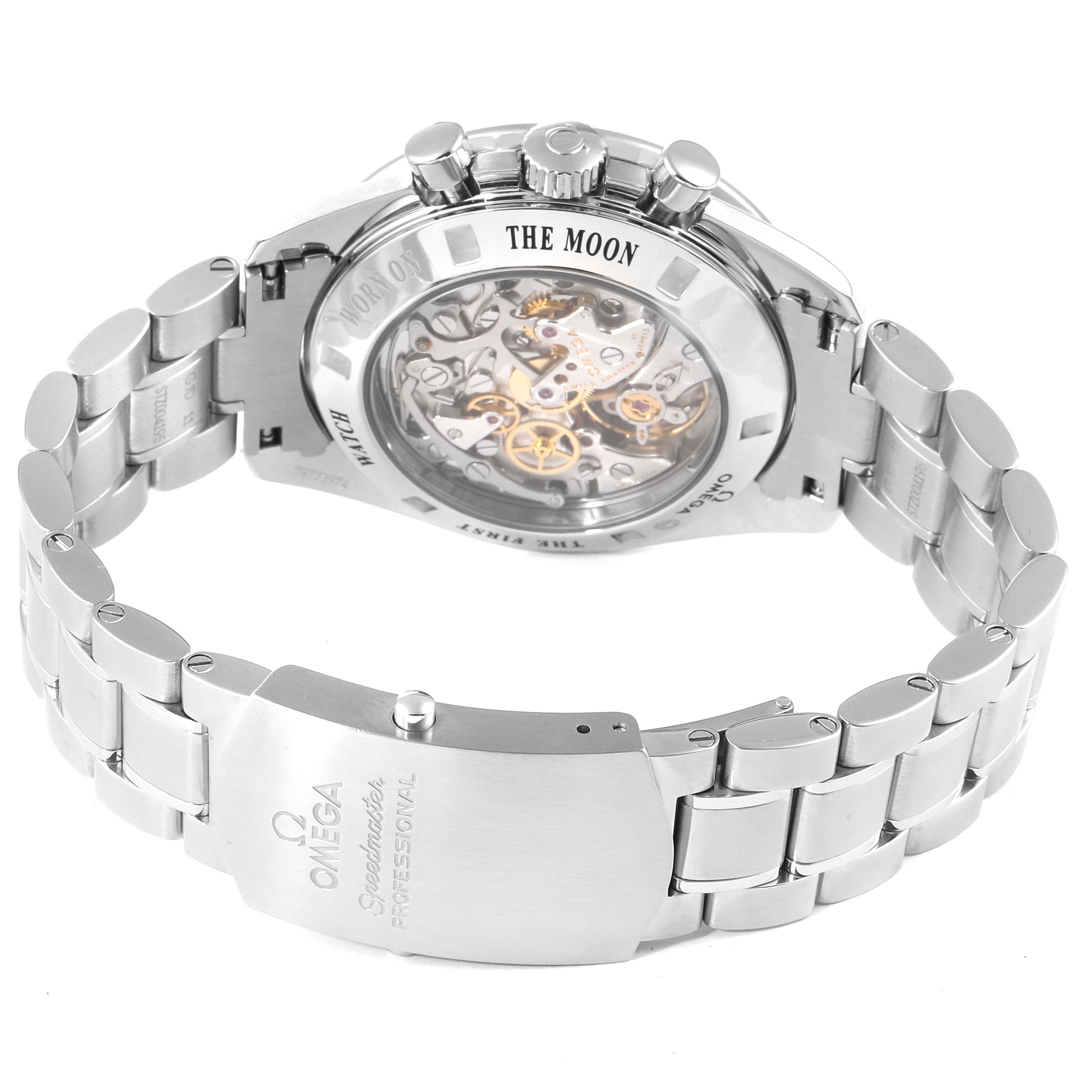 The image shows the back view of an Omega Speedmaster 311.30.42.30.01.006 Men's Stainless Steel Black Dial 311.30.42.30.01.006 Men's Stainless Steel Black Dial watch, highlighting its transparent case back and metal bracelet.