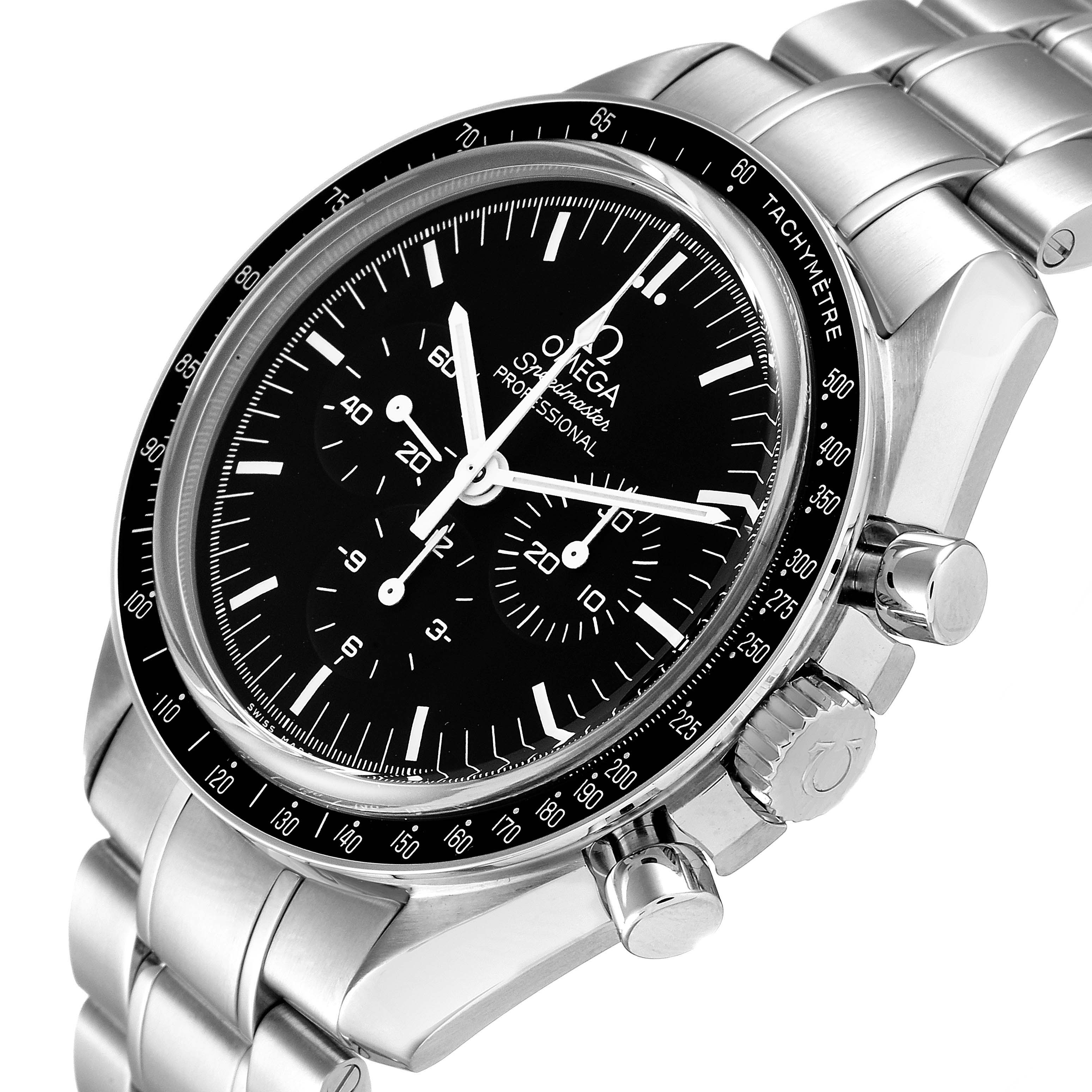 The Omega Speedmaster 311.30.42.30.01.006 Men's Stainless Steel Black Dial 311.30.42.30.01.006 Men's Stainless Steel Black Dial watch is shown at a slight angle highlighting the face, bezel, crown, and part of the bracelet.
