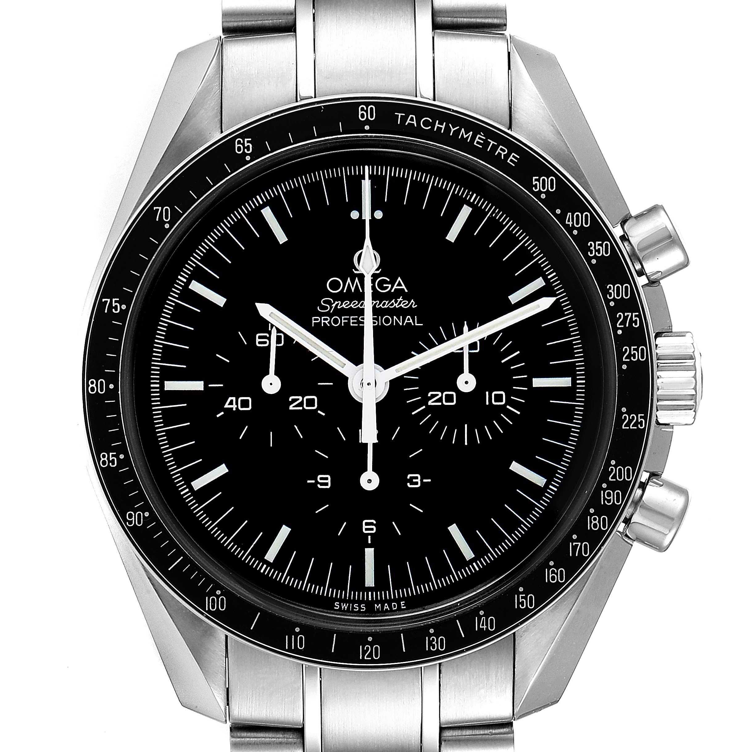 The image shows a front view of the Omega Speedmaster 311.30.42.30.01.005 Men's Stainless Steel Black Dial 311.30.42.30.01.005 Men's Stainless Steel Black Dial Professional watch, highlighting its dial, bezel, and stainless steel bracelet.