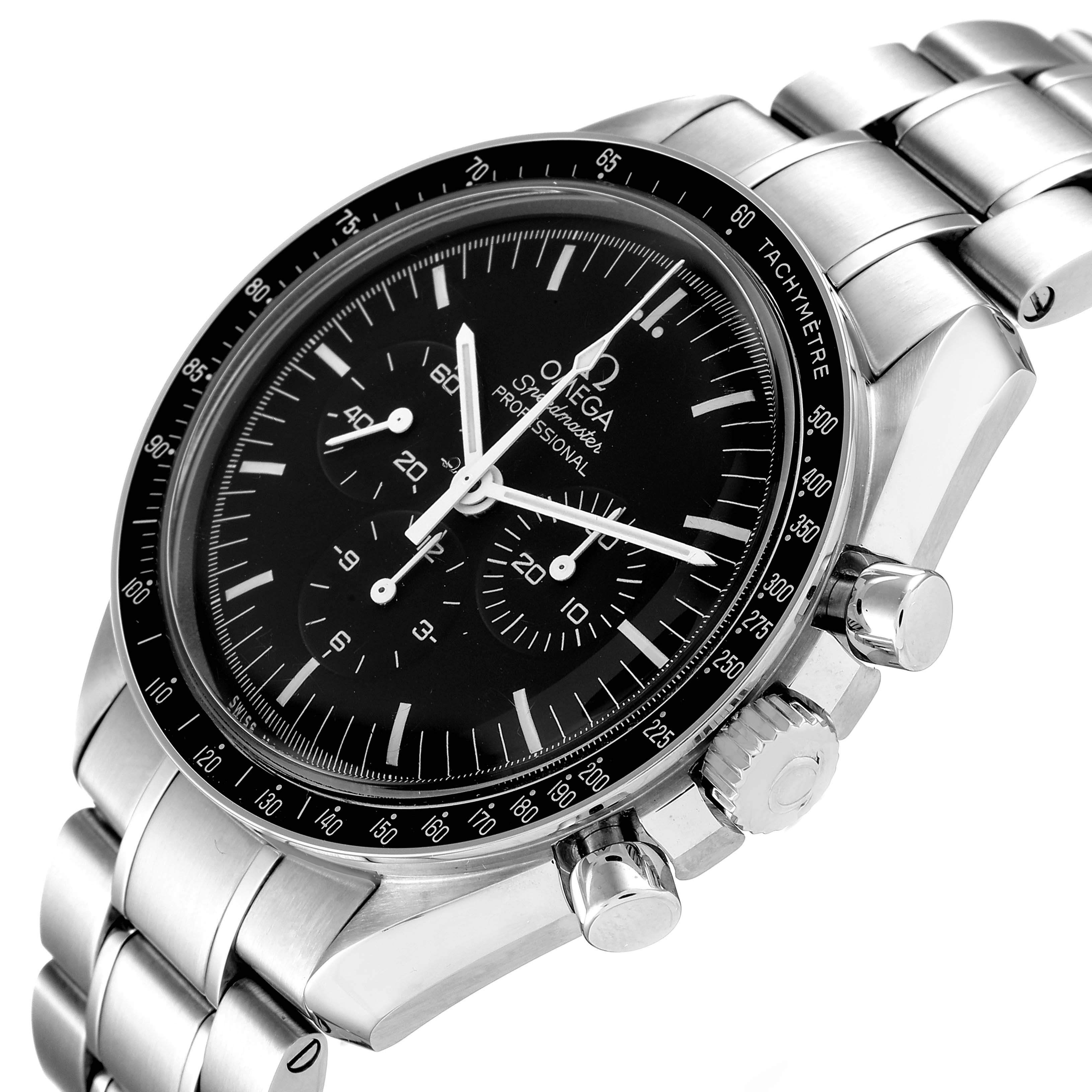 The Omega Speedmaster 311.30.42.30.01.005 Men's Stainless Steel Black Dial 311.30.42.30.01.005 Men's Stainless Steel Black Dial watch is shown at an angle highlighting its face, tachymeter bezel, and crown with pushers.