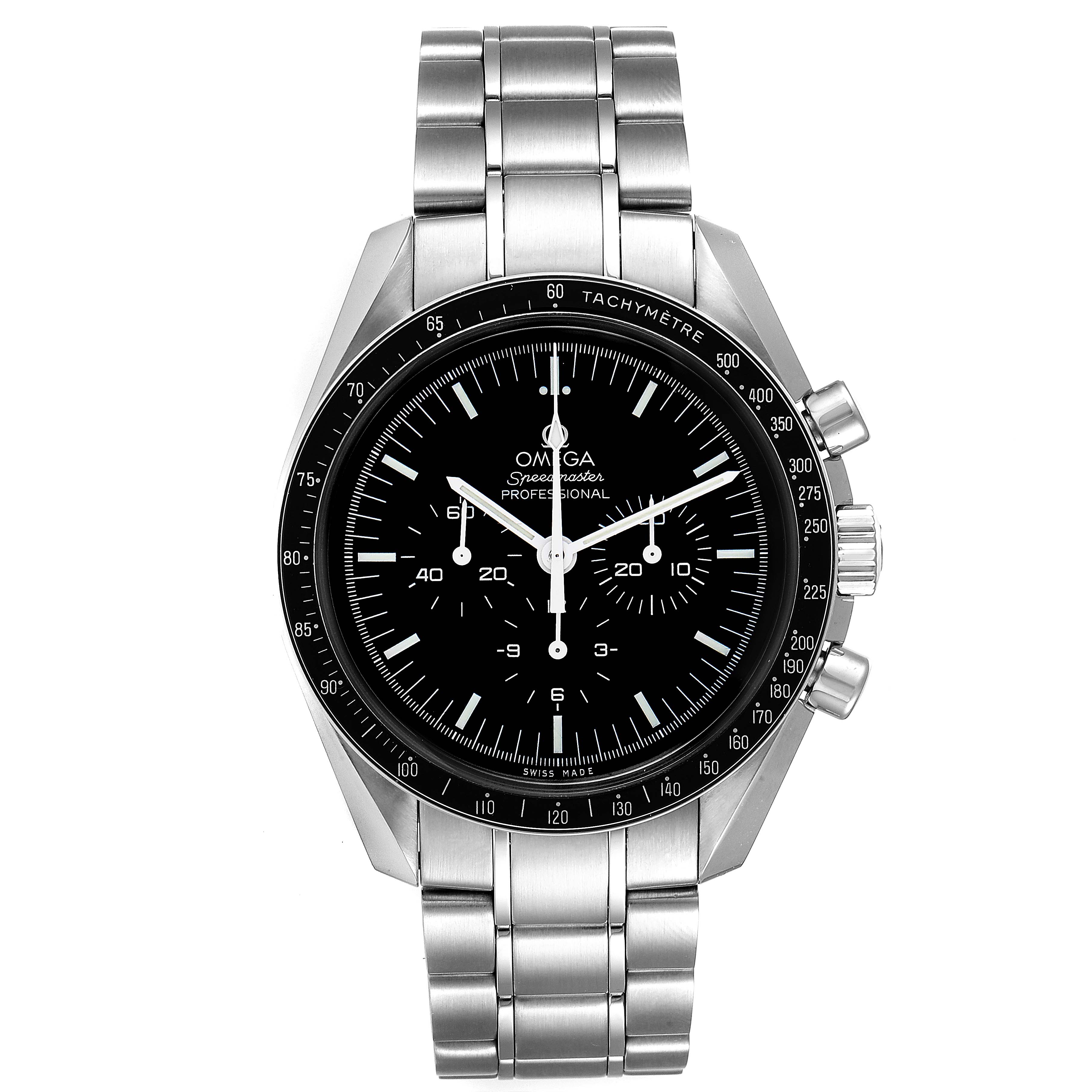 The image shows a frontal view of the Omega Speedmaster 311.30.42.30.01.005 Men's Stainless Steel Black Dial 311.30.42.30.01.005 Men's Stainless Steel Black Dial watch, displaying the dial, bezel, and stainless steel bracelet.
