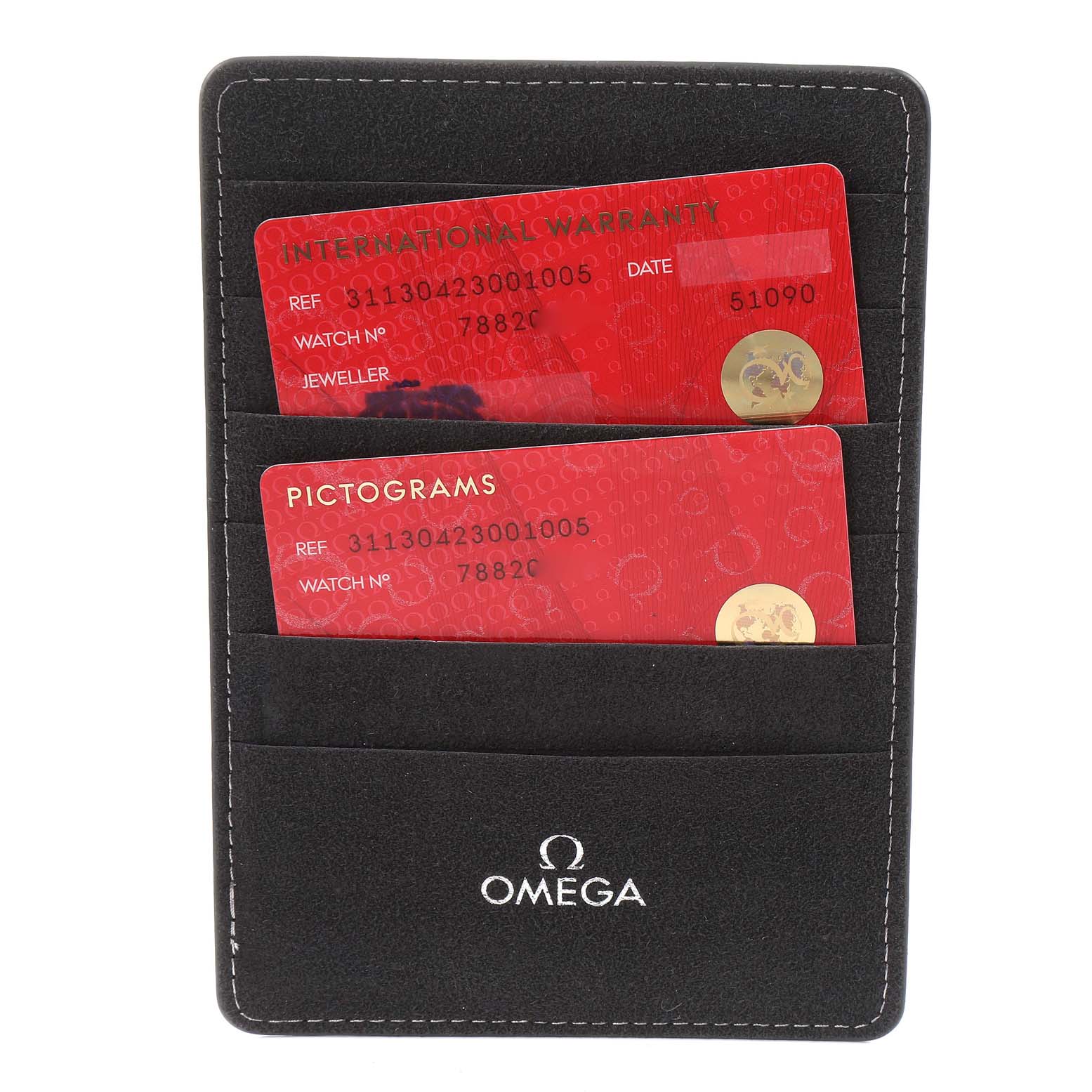 This image shows Omega Speedmaster 311.30.42.30.01.005 Men's Stainless Steel Black Dial 311.30.42.30.01.005 Men's Stainless Steel Black Dial's warranty and pictogram cards in a black cardholder branded with the Omega logo.