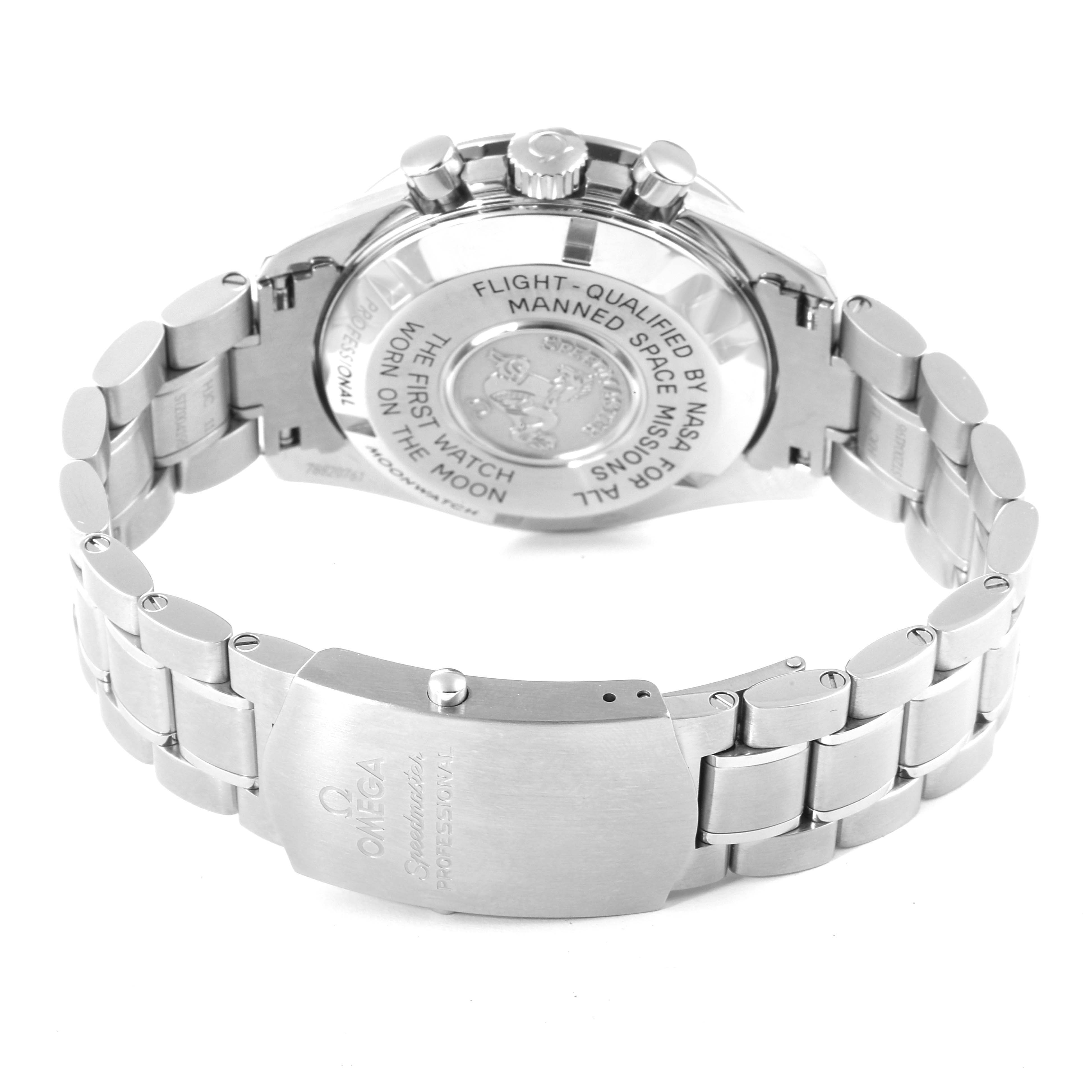 The image shows the back case and bracelet of an Omega Speedmaster 311.30.42.30.01.005 Men's Stainless Steel Black Dial 311.30.42.30.01.005 Men's Stainless Steel Black Dial watch, highlighting the clasp and engraved details.