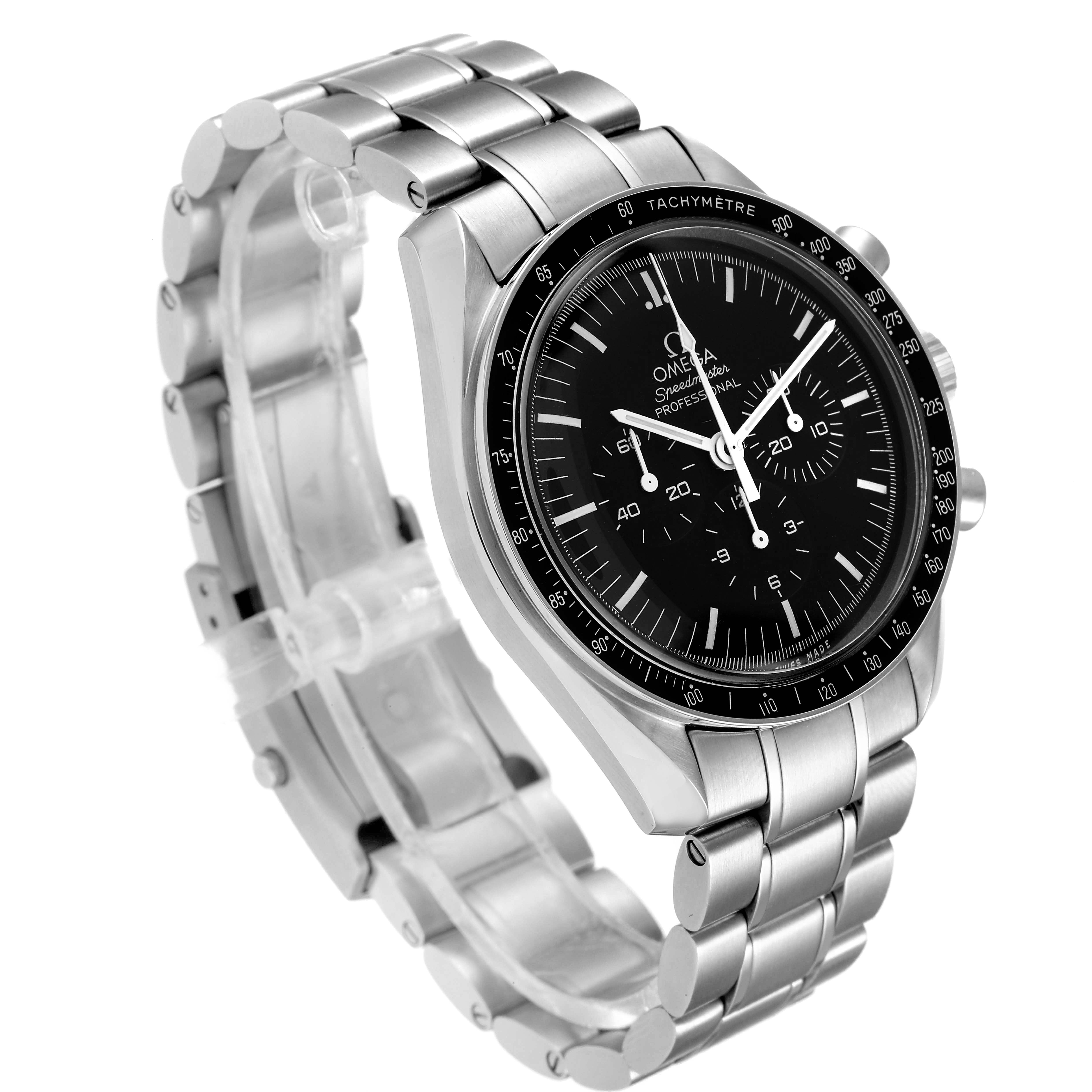 This Omega Speedmaster 311.30.42.30.01.005 Men's Stainless Steel Black Dial 311.30.42.30.01.005 Men's Stainless Steel Black Dial watch is displayed at a three-quarter angle, showing the face, bezel, and metal bracelet.