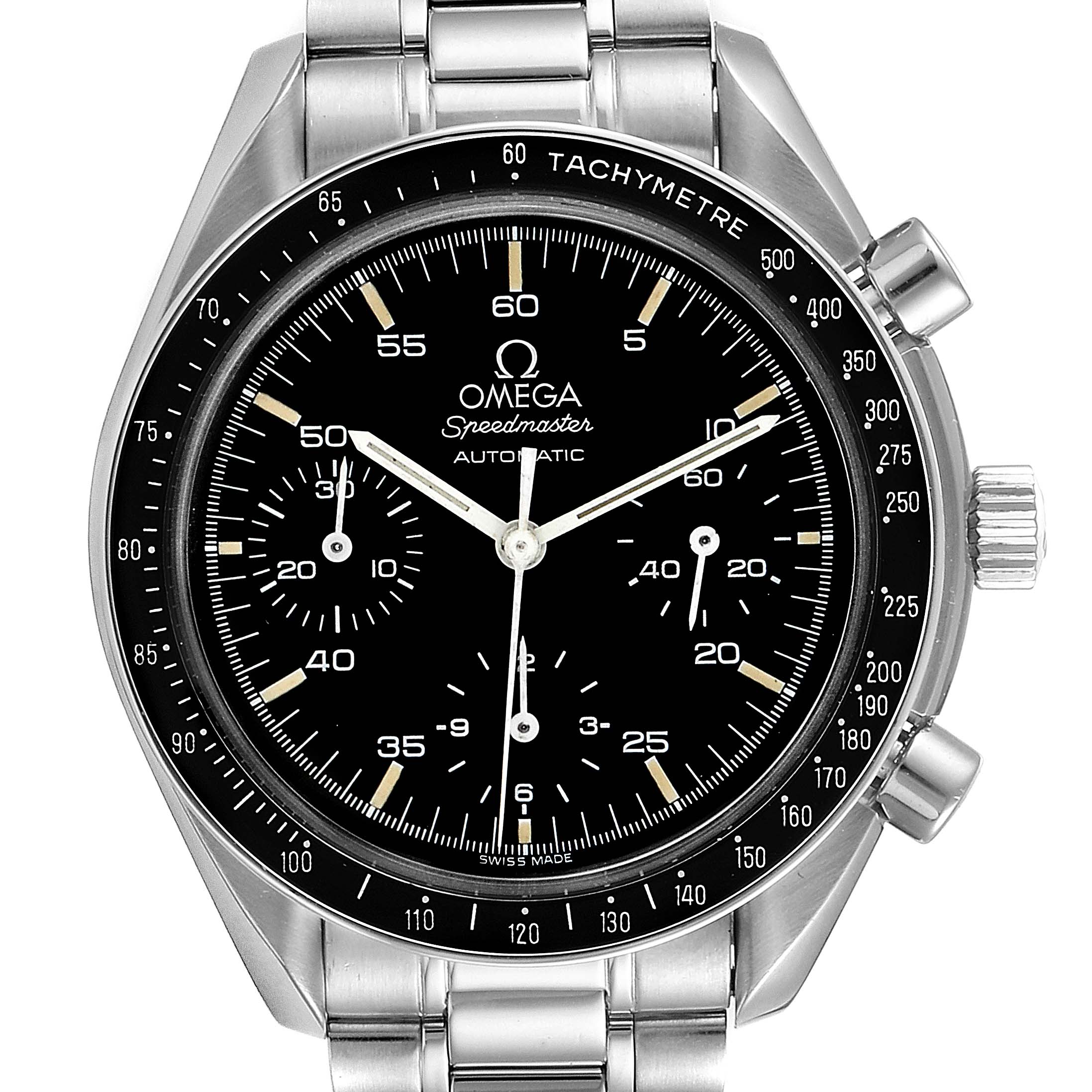 This is a front view of an Omega Speedmaster 3510.50.00 Men's Stainless Steel Black Dial 3510.50.00 Men's Stainless Steel Black Dial watch, showing the face, bezel, crown, pushers, and part of the bracelet.