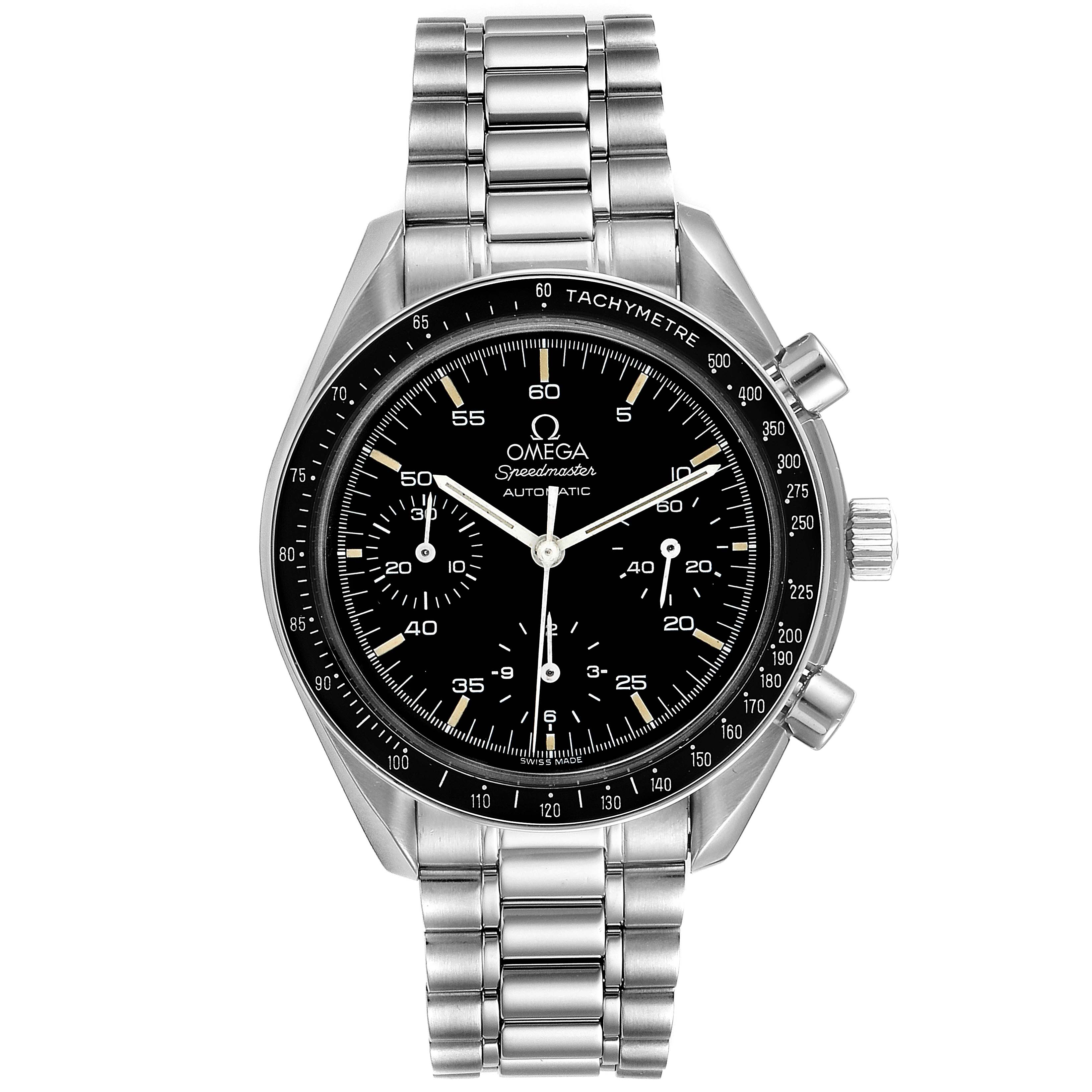 The image shows a front view of an Omega Speedmaster 3510.50.00 Men's Stainless Steel Black Dial 3510.50.00 Men's Stainless Steel Black Dial watch, displaying its black dial, tachymeter, and metal bracelet.