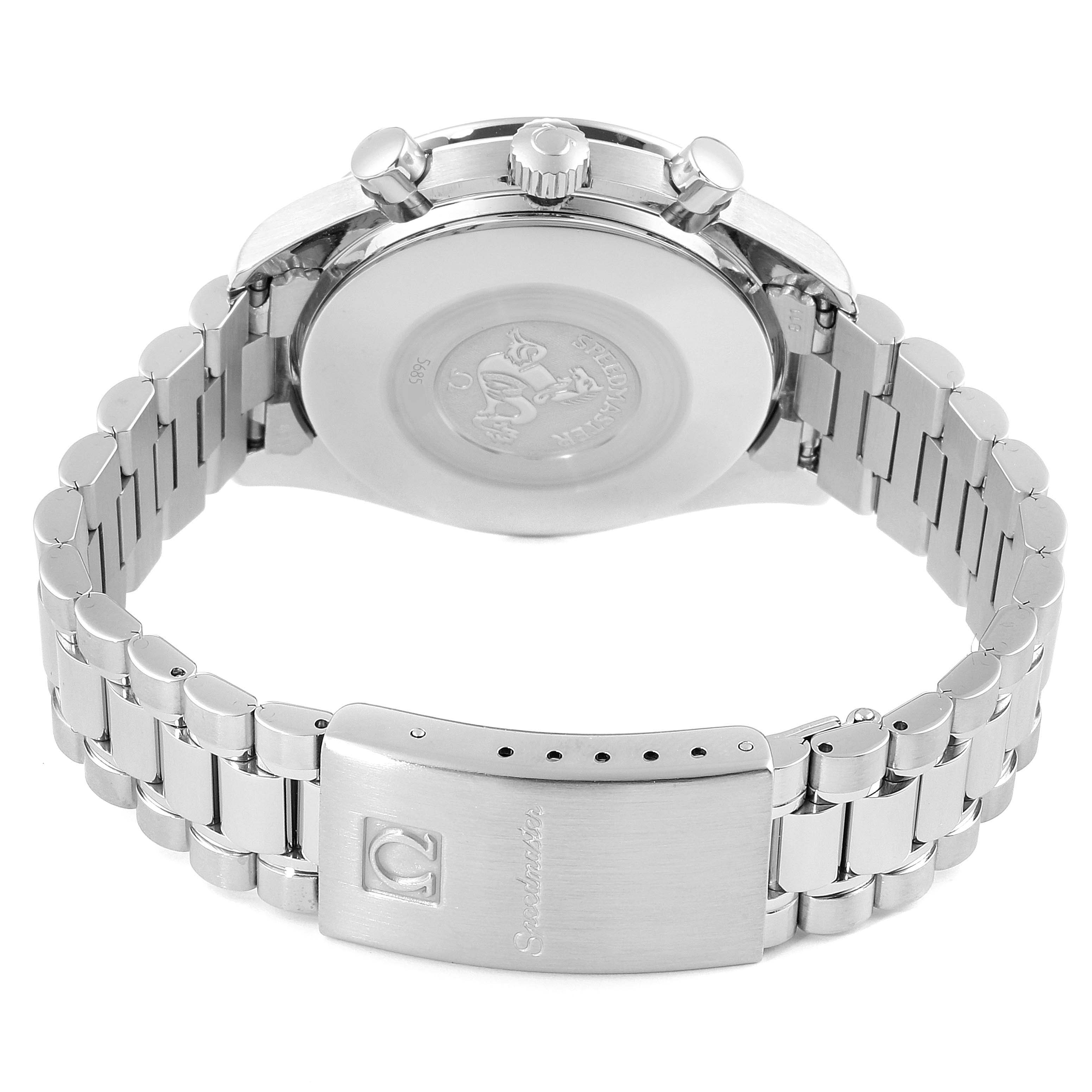 The image shows the back case and the stainless steel bracelet of the Omega Speedmaster 3510.50.00 Men's Stainless Steel Black Dial 3510.50.00 Men's Stainless Steel Black Dial watch.