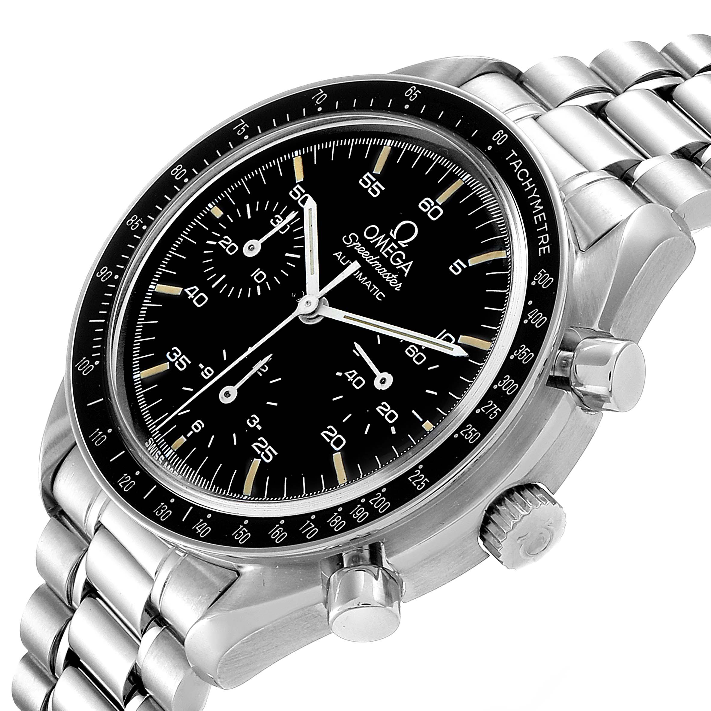 The image shows an Omega Speedmaster 3510.50.00 Men's Stainless Steel Black Dial 3510.50.00 Men's Stainless Steel Black Dial watch at a three-quarter angle, highlighting its dial, bezel, crown, and bracelet.