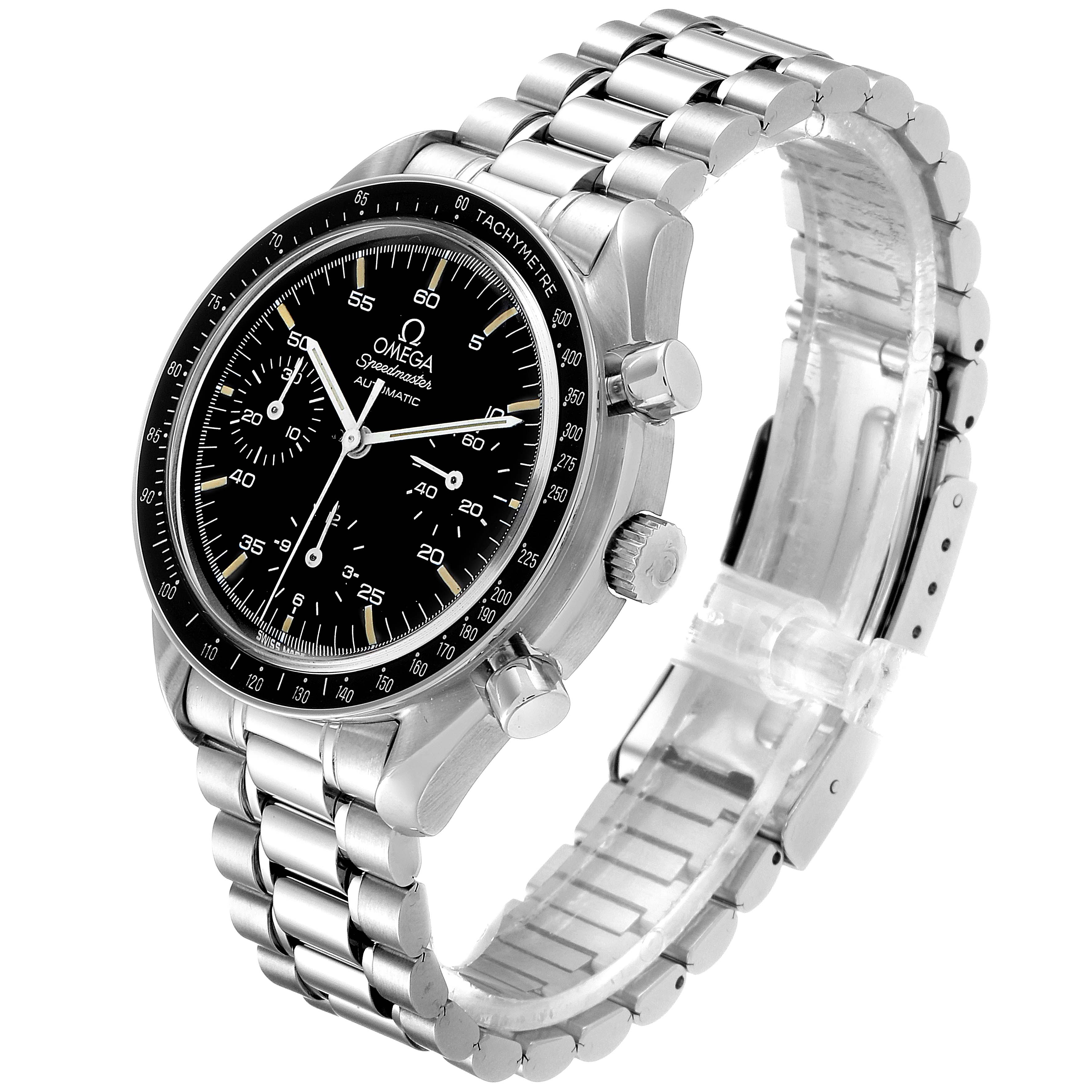 The Omega Speedmaster 3510.50.00 Men's Stainless Steel Black Dial 3510.50.00 Men's Stainless Steel Black Dial watch is shown from an angled view displaying its face, bezel, crown, chronograph pushers, and metal bracelet.