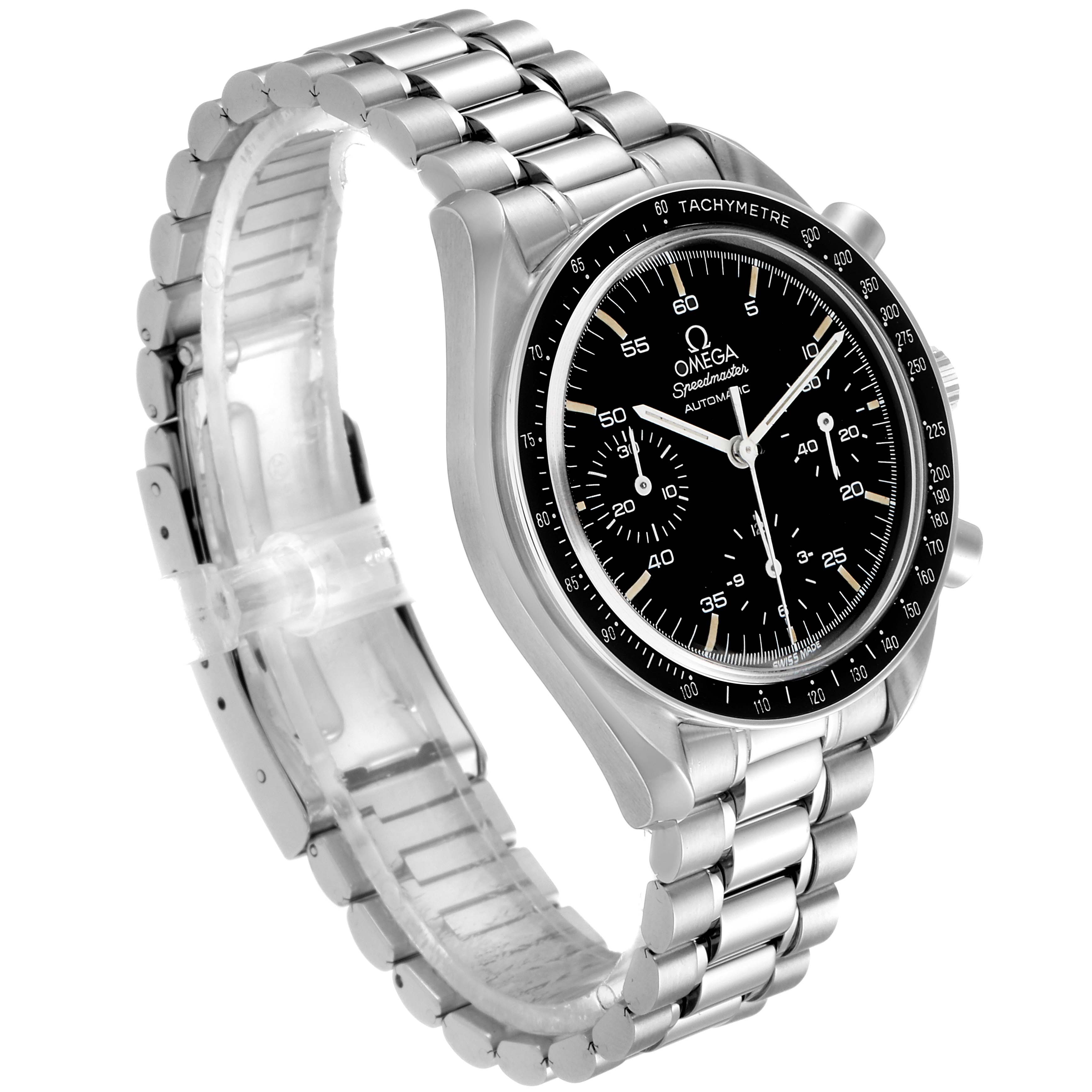 The image shows a side angle view of the Omega Speedmaster 3510.50.00 Men's Stainless Steel Black Dial 3510.50.00 Men's Stainless Steel Black Dial watch, highlighting the dial, bezel, and stainless steel bracelet.