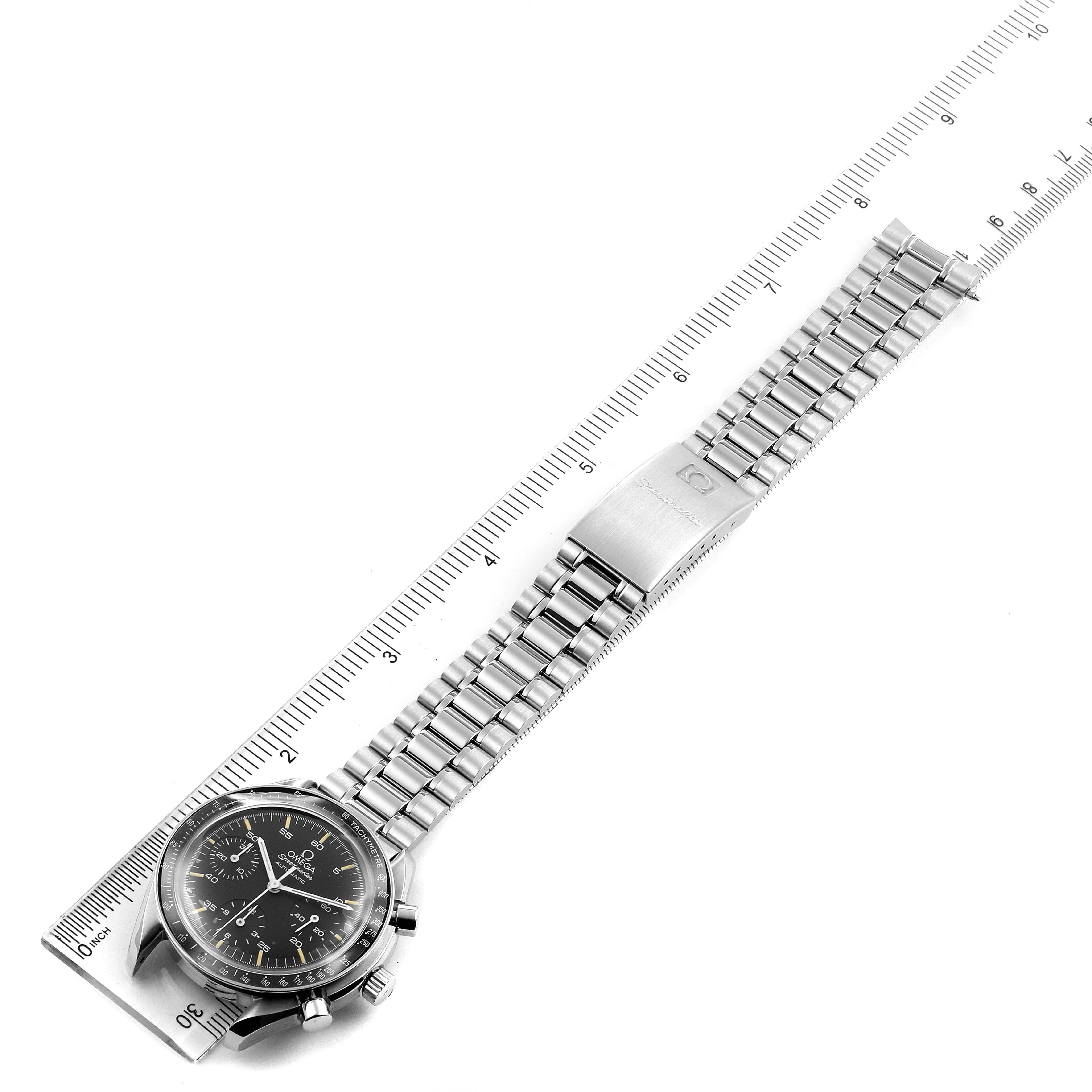 The Omega Speedmaster 3510.50.00 Men's Stainless Steel Black Dial 3510.50.00 Men's Stainless Steel Black Dial watch is shown from a top-down angle, displaying the face, crown, pushers, and full bracelet with clasp.