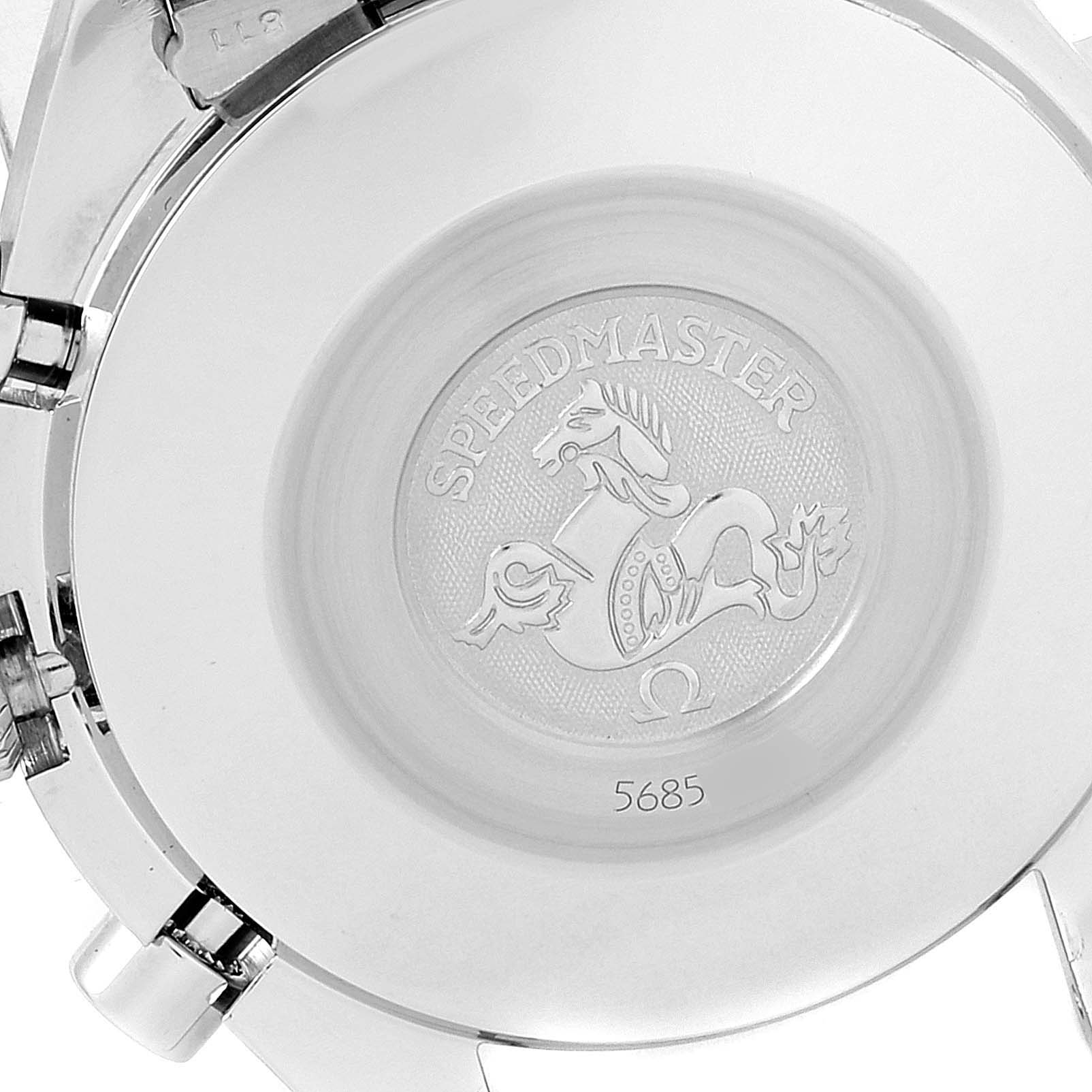 This image shows the engraved case back of an Omega Speedmaster 3510.50.00 Men's Stainless Steel Black Dial 3510.50.00 Men's Stainless Steel Black Dial watch, highlighting the Speedmaster logo and serial number.