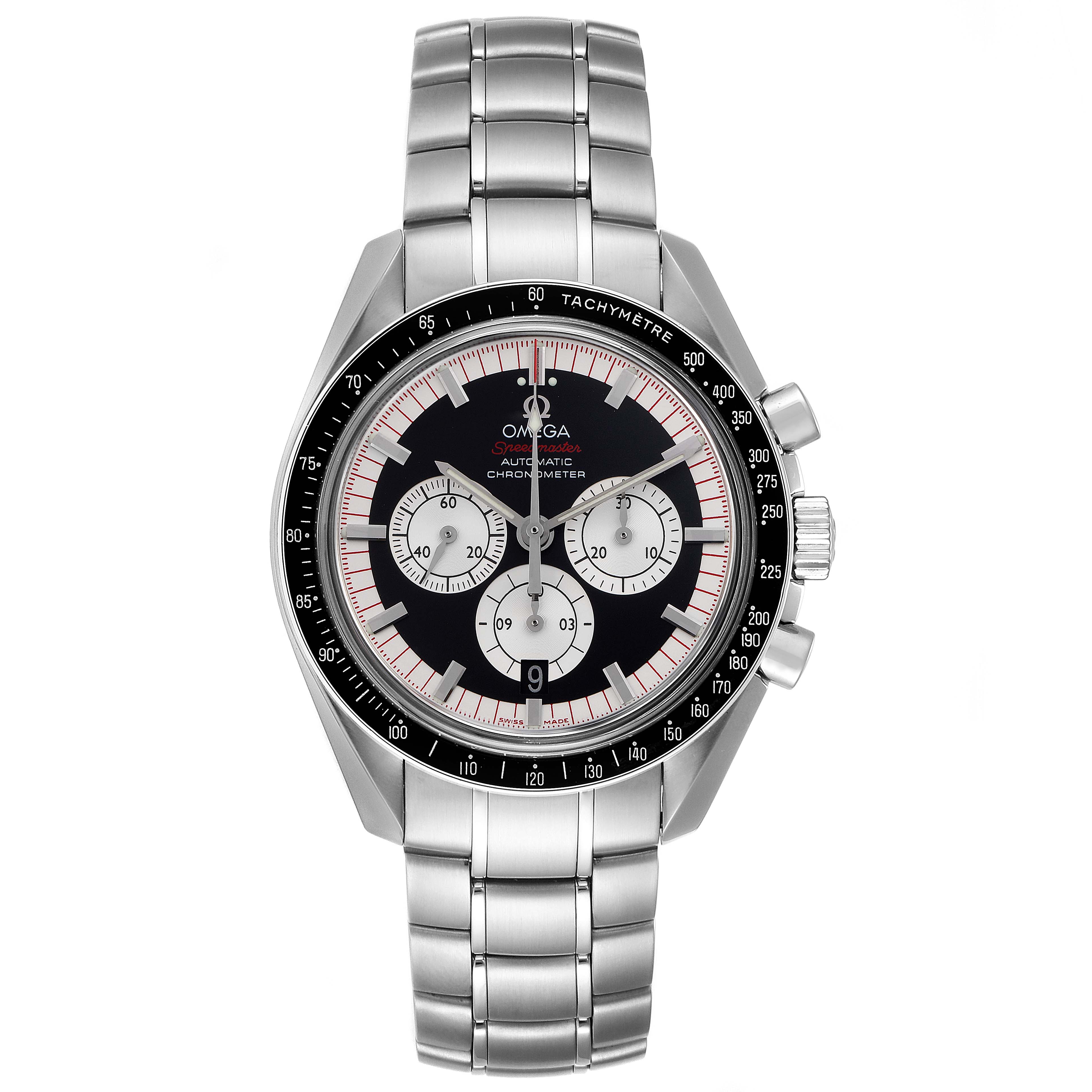 This Omega Speedmaster 3507.51.00 Men's Stainless Steel Black Dial 3507.51.00 Men's Stainless Steel Black Dial model watch is shown from a head-on angle, displaying the face, bezel, and stainless steel bracelet.