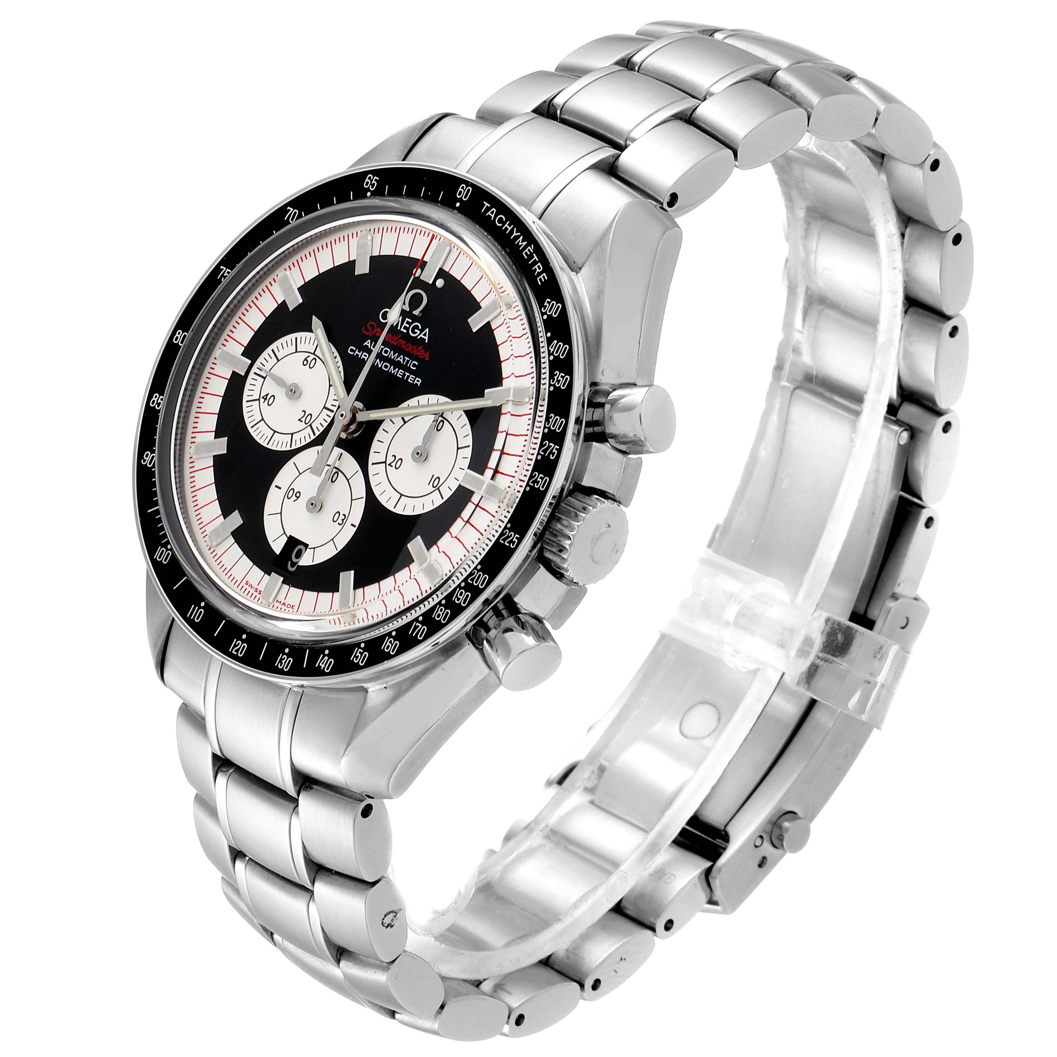 The image shows a side and three-quarter view of the Omega Speedmaster 3507.51.00 Men's Stainless Steel Black Dial 3507.51.00 Men's Stainless Steel Black Dial watch, including its bezel, bracelet, and dial features.