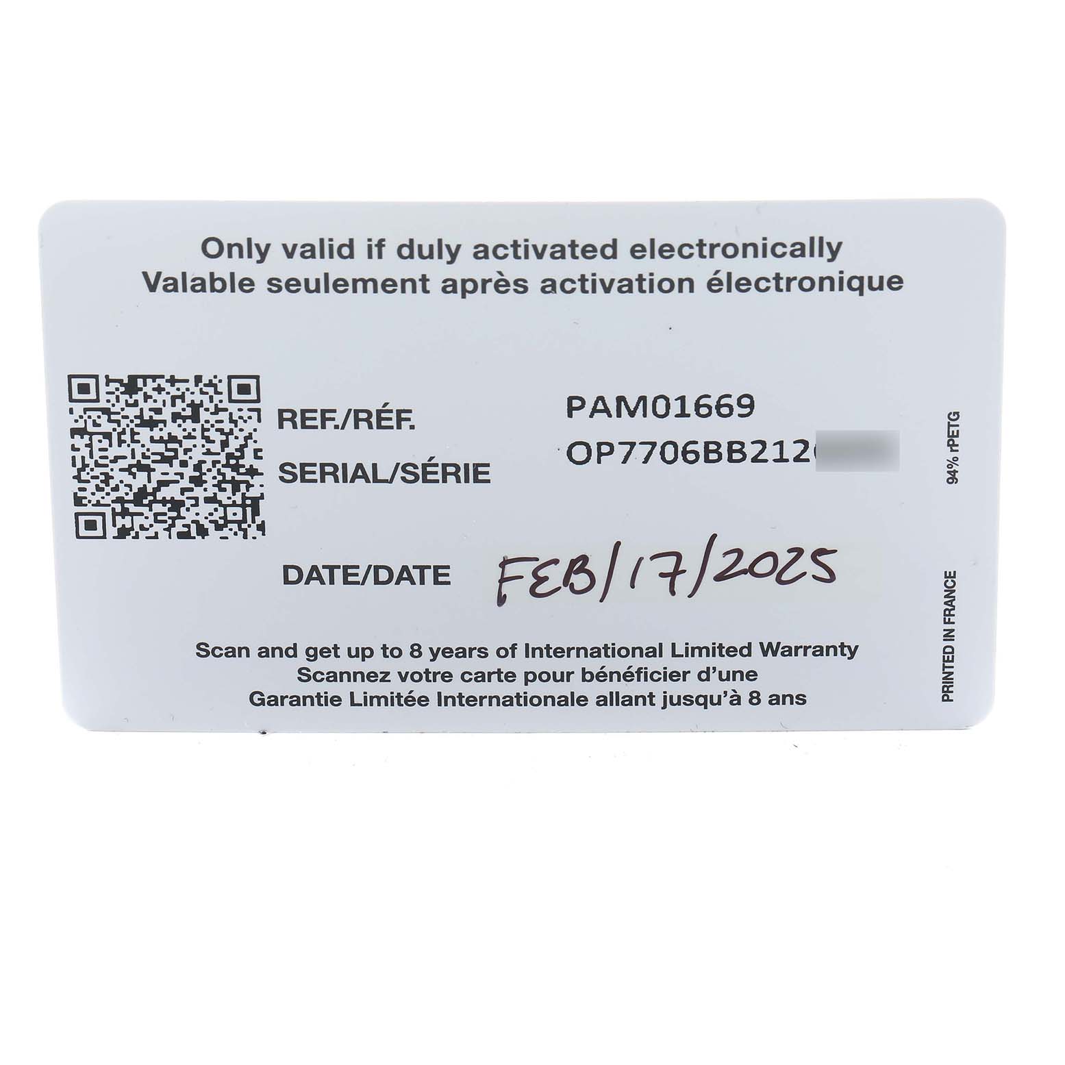 This image shows the warranty card for the Panerai Submersible PAM01669 Men's Titanium Black Dial model.