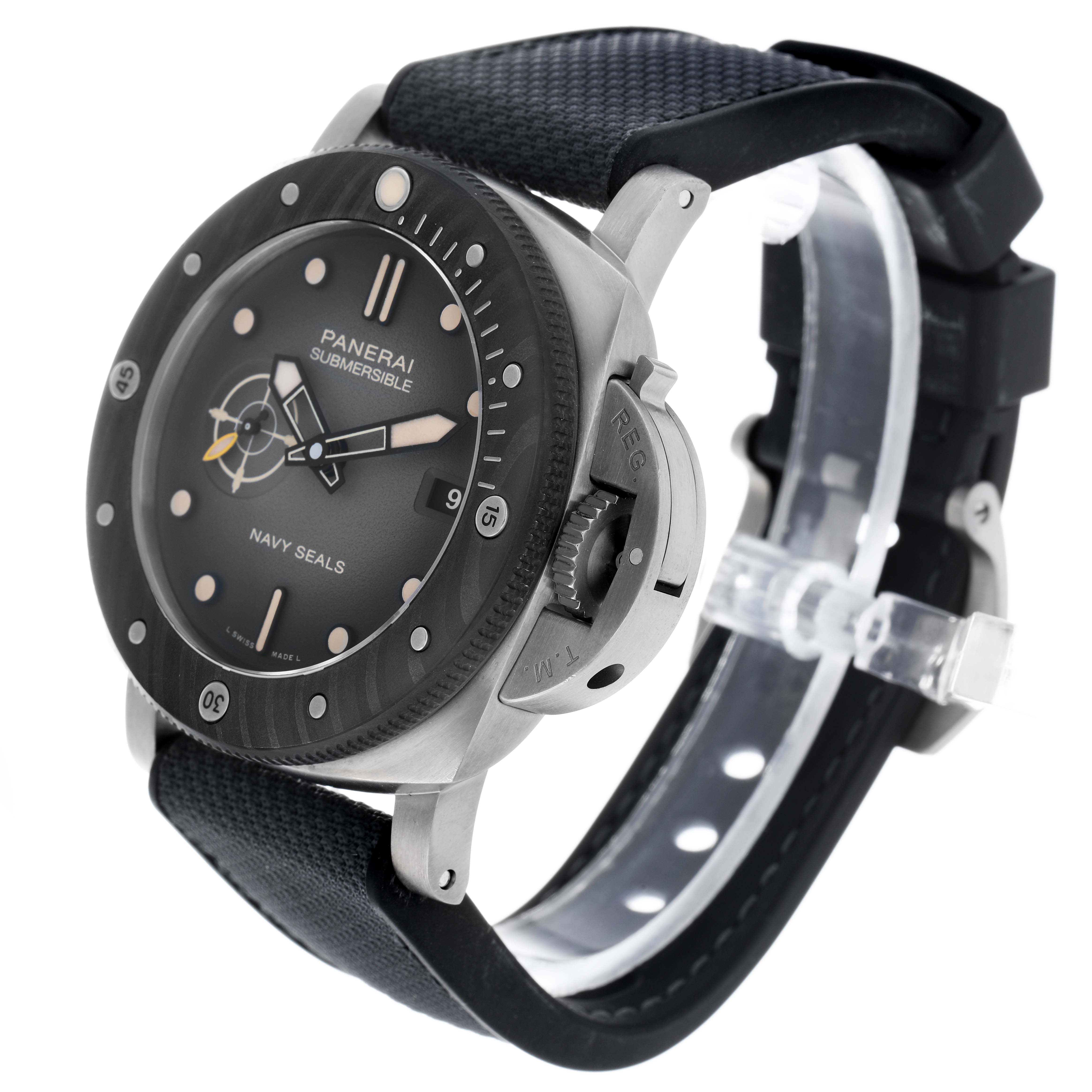 The Panerai Submersible PAM01669 Men's Titanium Black Dial watch is shown at an angle highlighting the dial, bezel, crown guard, and strap.