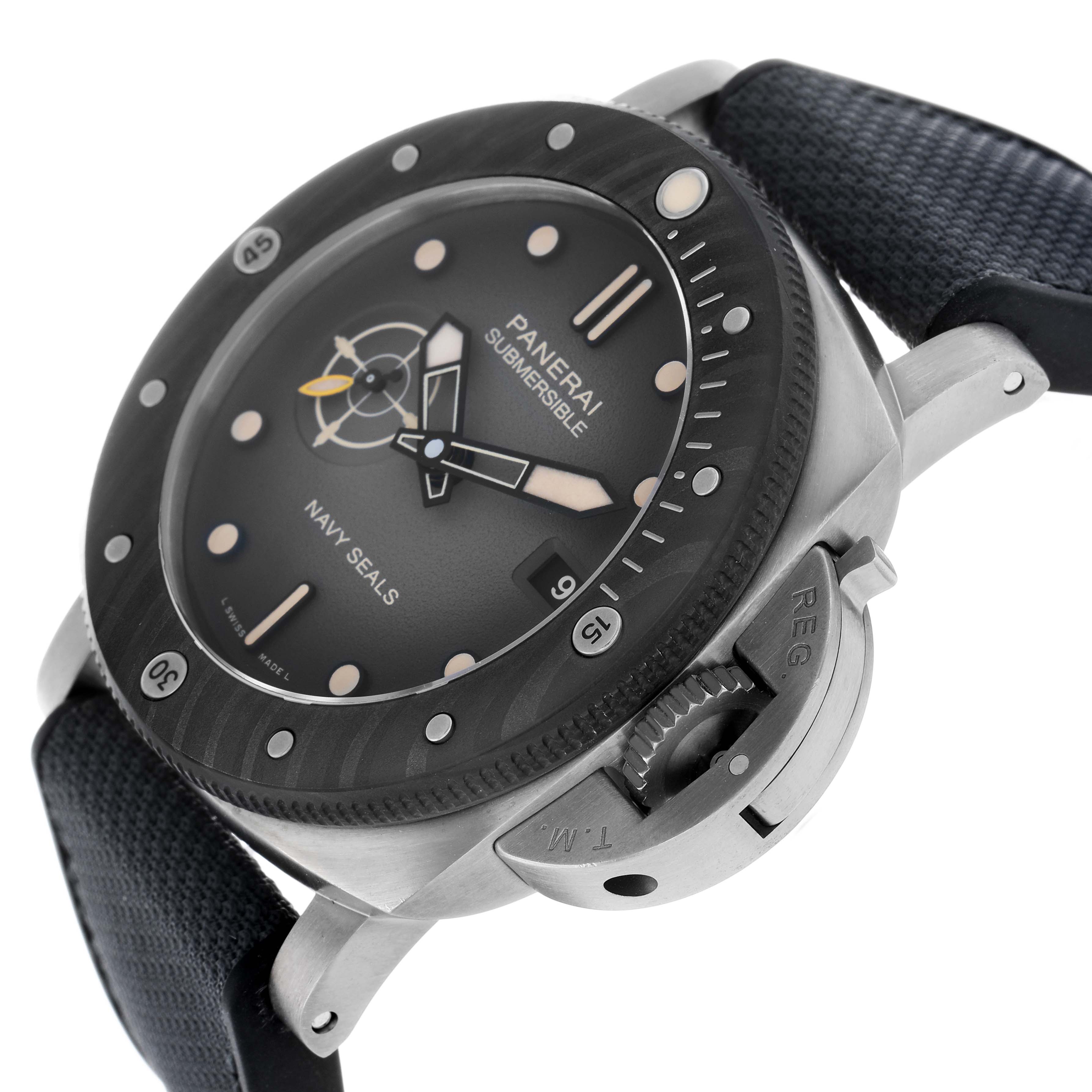 The watch is shown from a side angle, displaying the dial, bezel, crown guard, and strap of the Panerai Submersible PAM01669 Men's Titanium Black Dial.