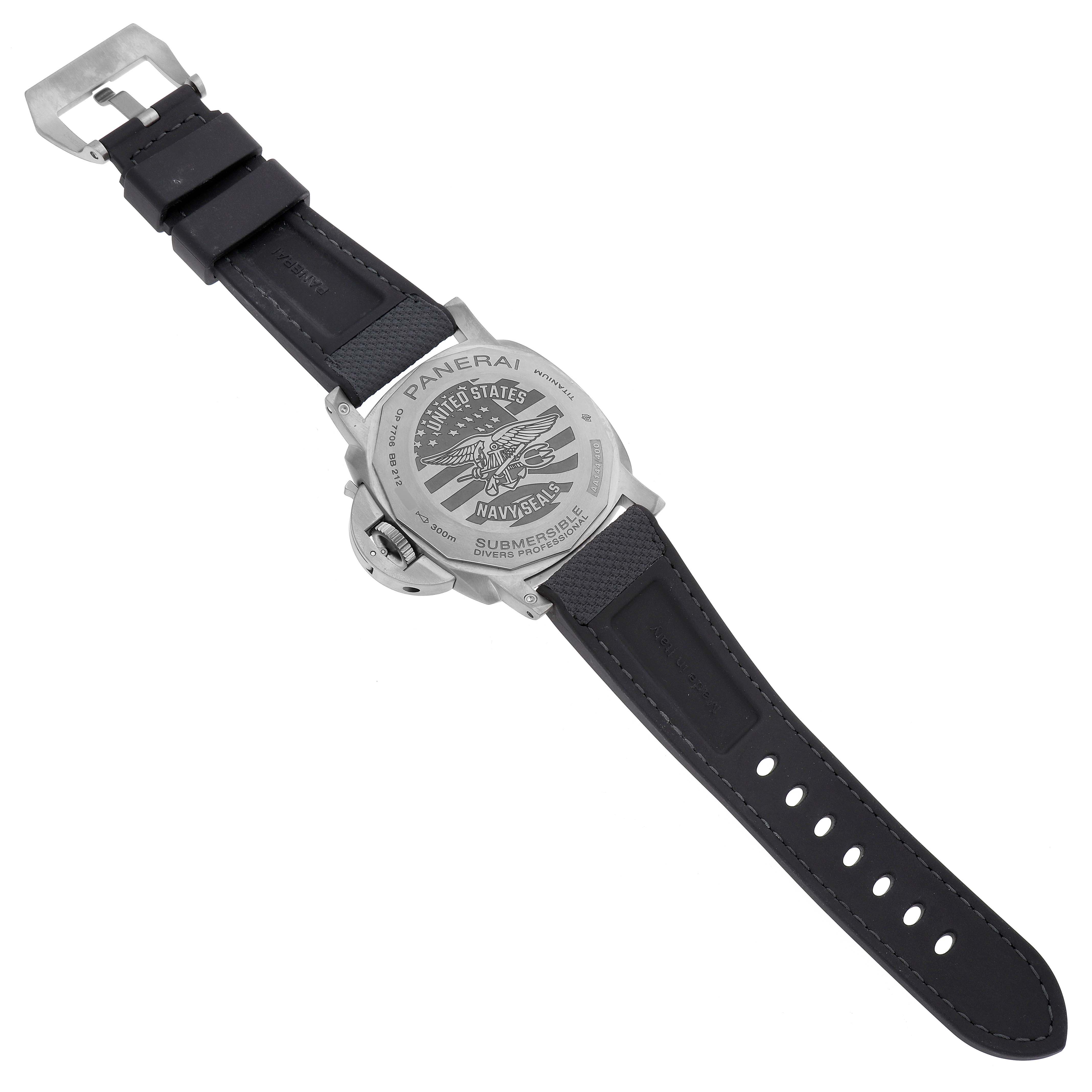 The image shows the back of a Panerai Submersible PAM01669 Men's Titanium Black Dial watch, highlighting the case back and strap with a buckle.