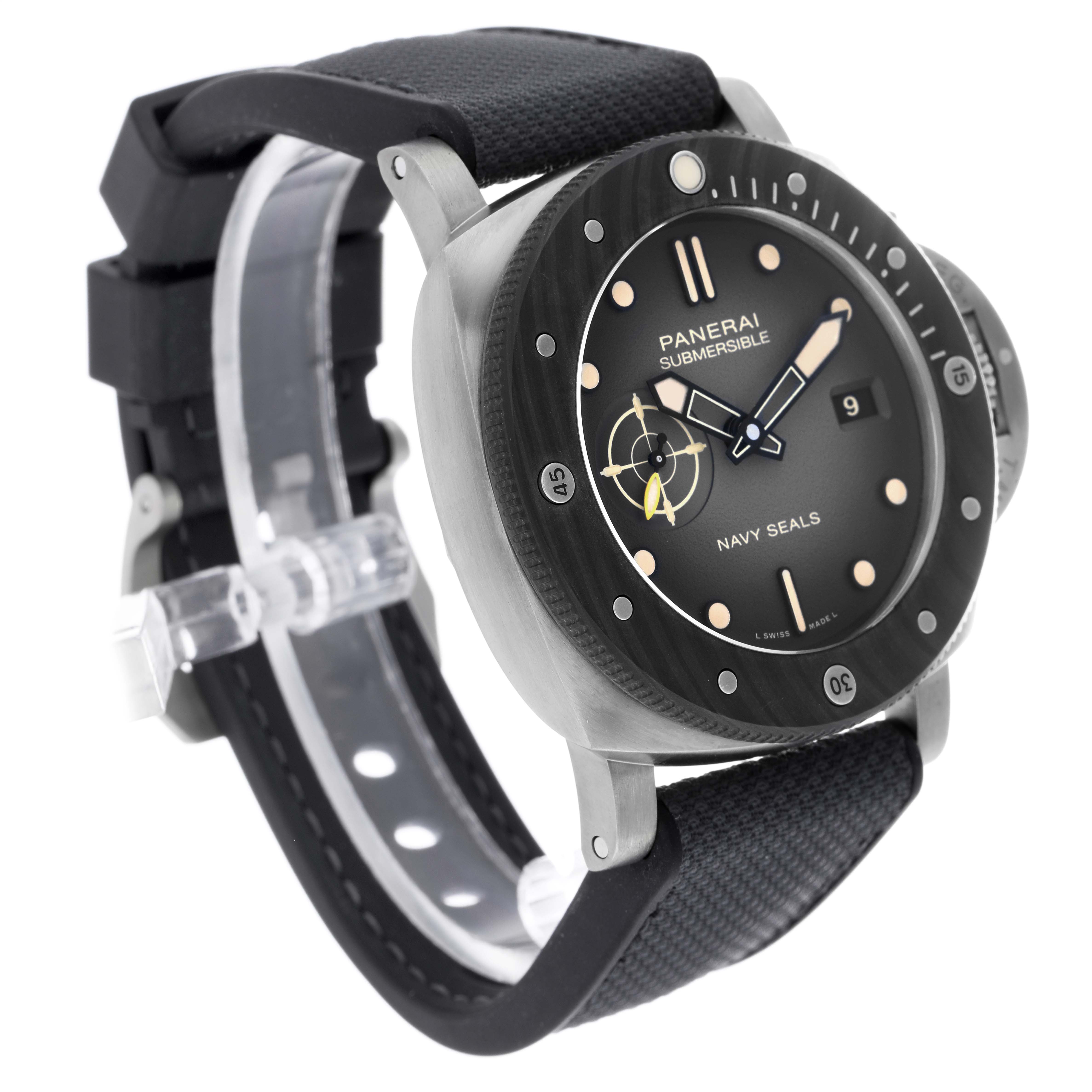 The Panerai Submersible PAM01669 Men's Titanium Black Dial watch is shown at a side angle, displaying the dial, bezel, case, and strap clearly.