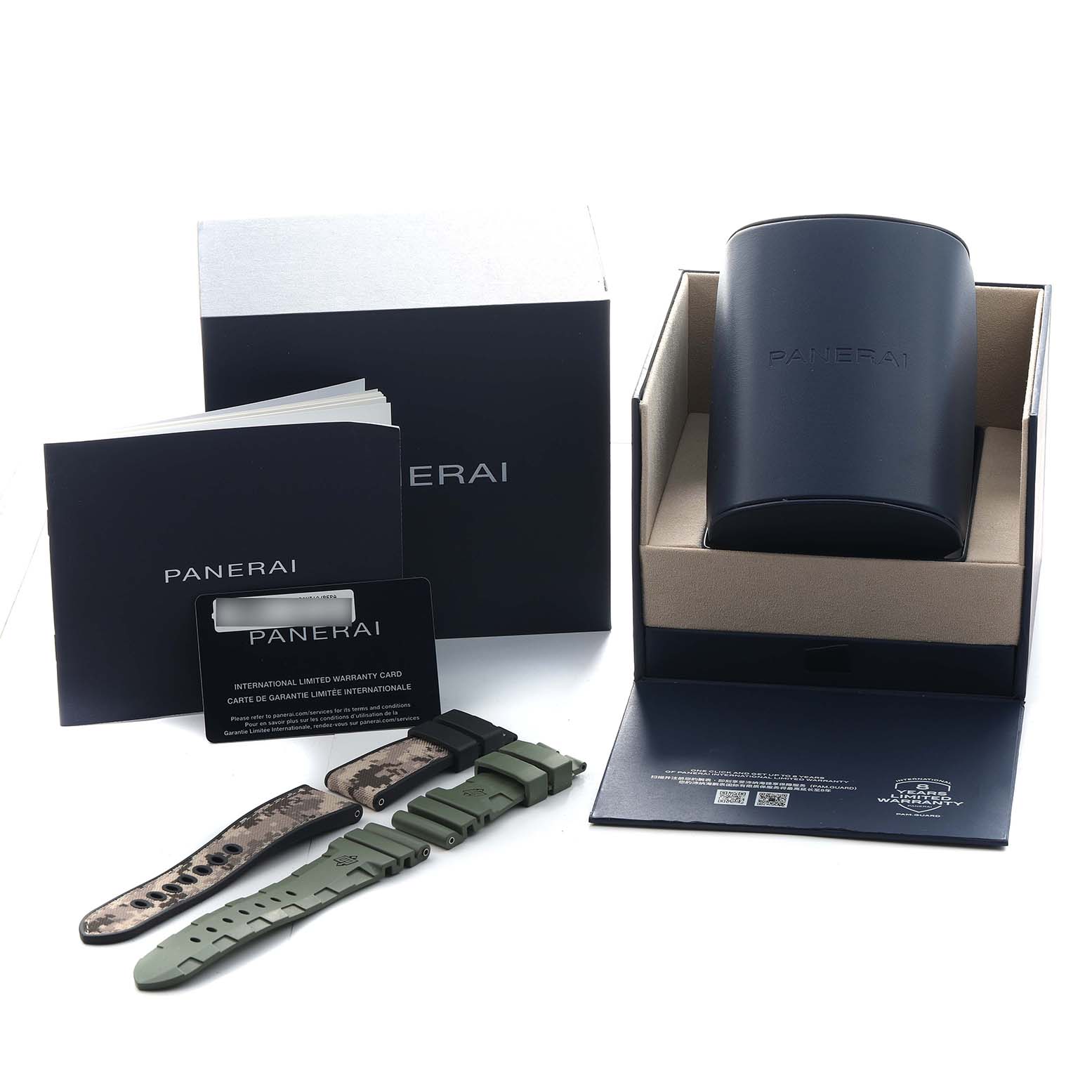 The image shows a Panerai Submersible PAM01669 Men's Titanium Black Dial watch package with a box, warranty card, manuals, and multiple strap options.