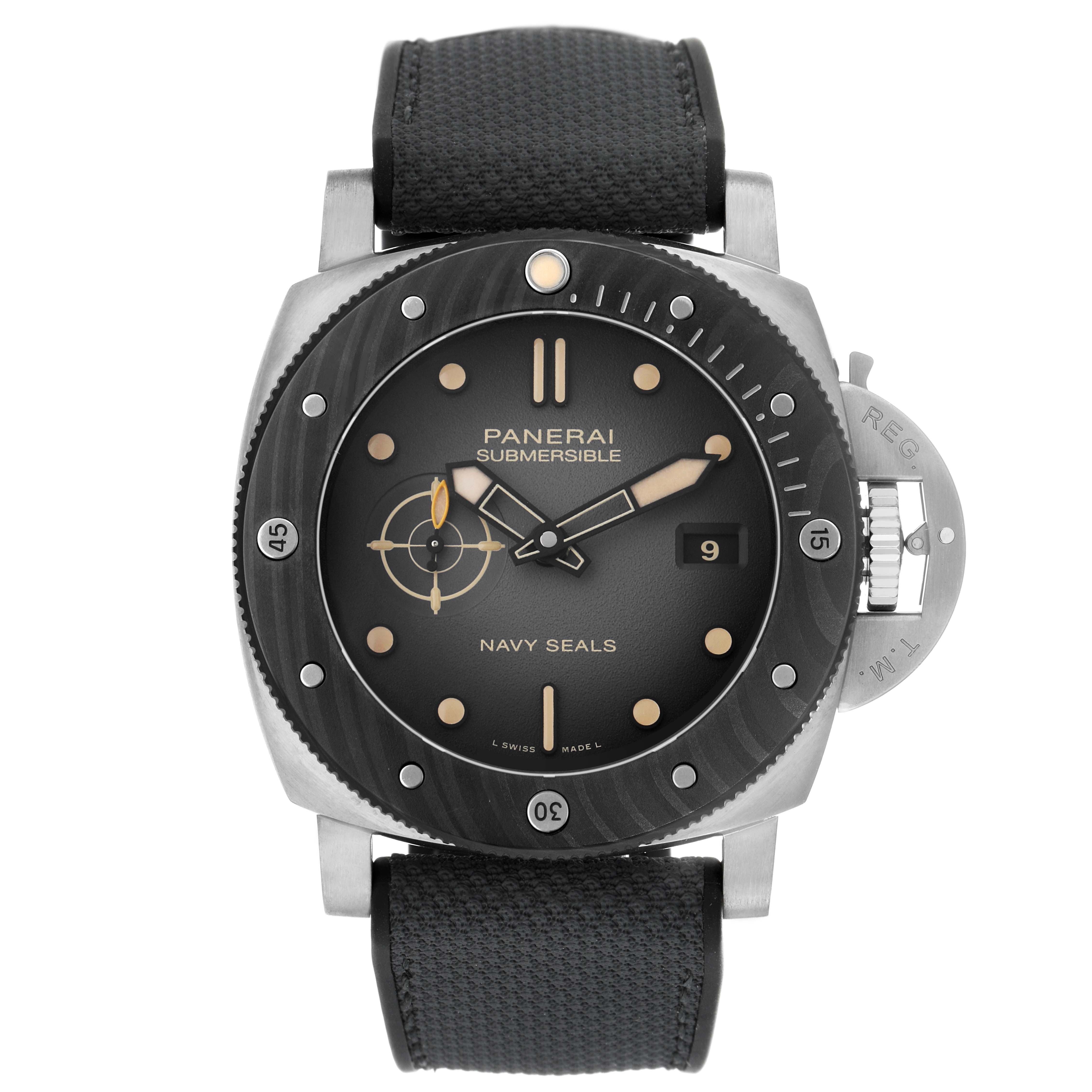 The Panerai Submersible PAM01669 Men's Titanium Black Dial watch is shown from the front, displaying the dial, bezel, strap, and crown guard.