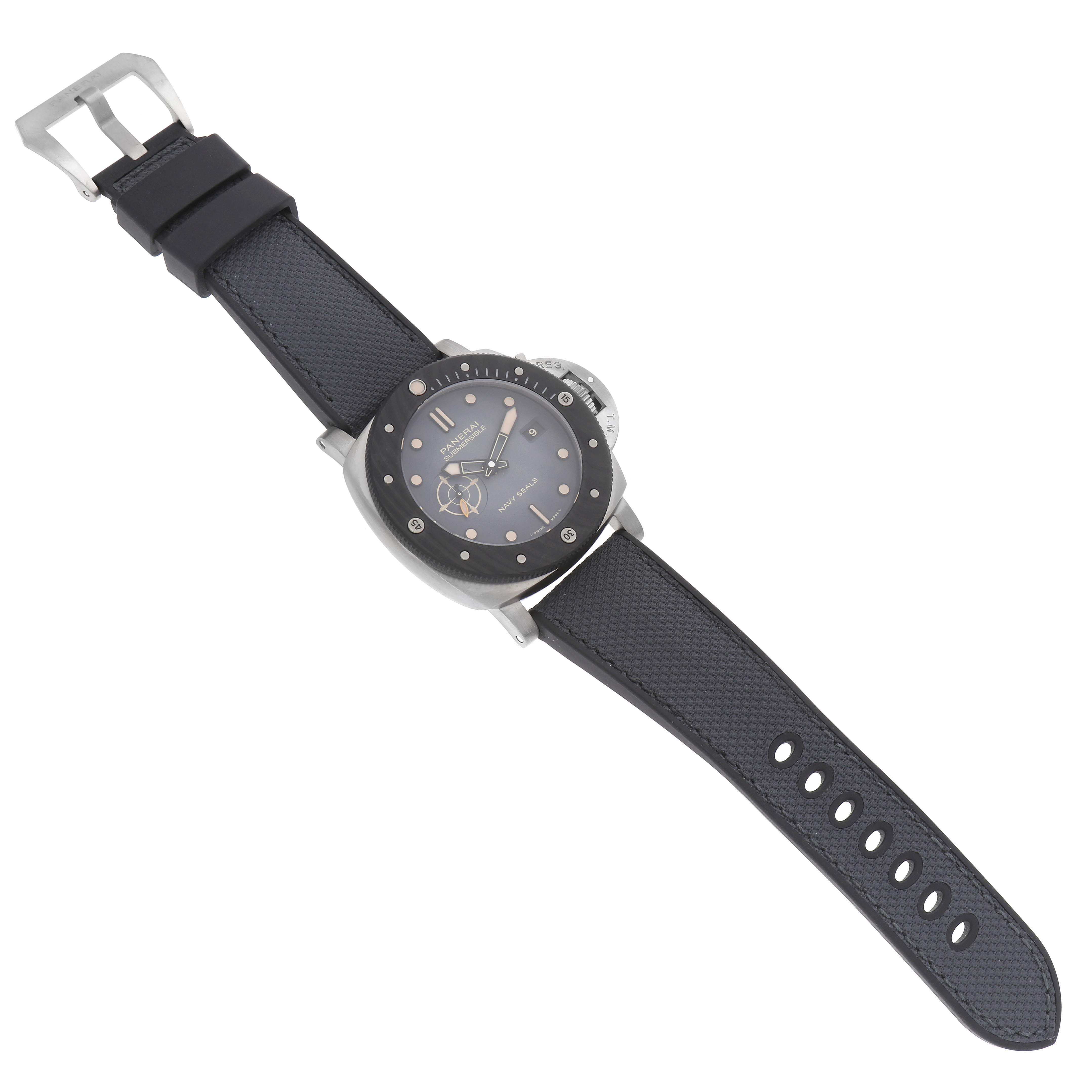 The Panerai Submersible PAM01669 Men's Titanium Black Dial watch is shown at an angled top view, displaying the face, bezel, and strap with a buckle.