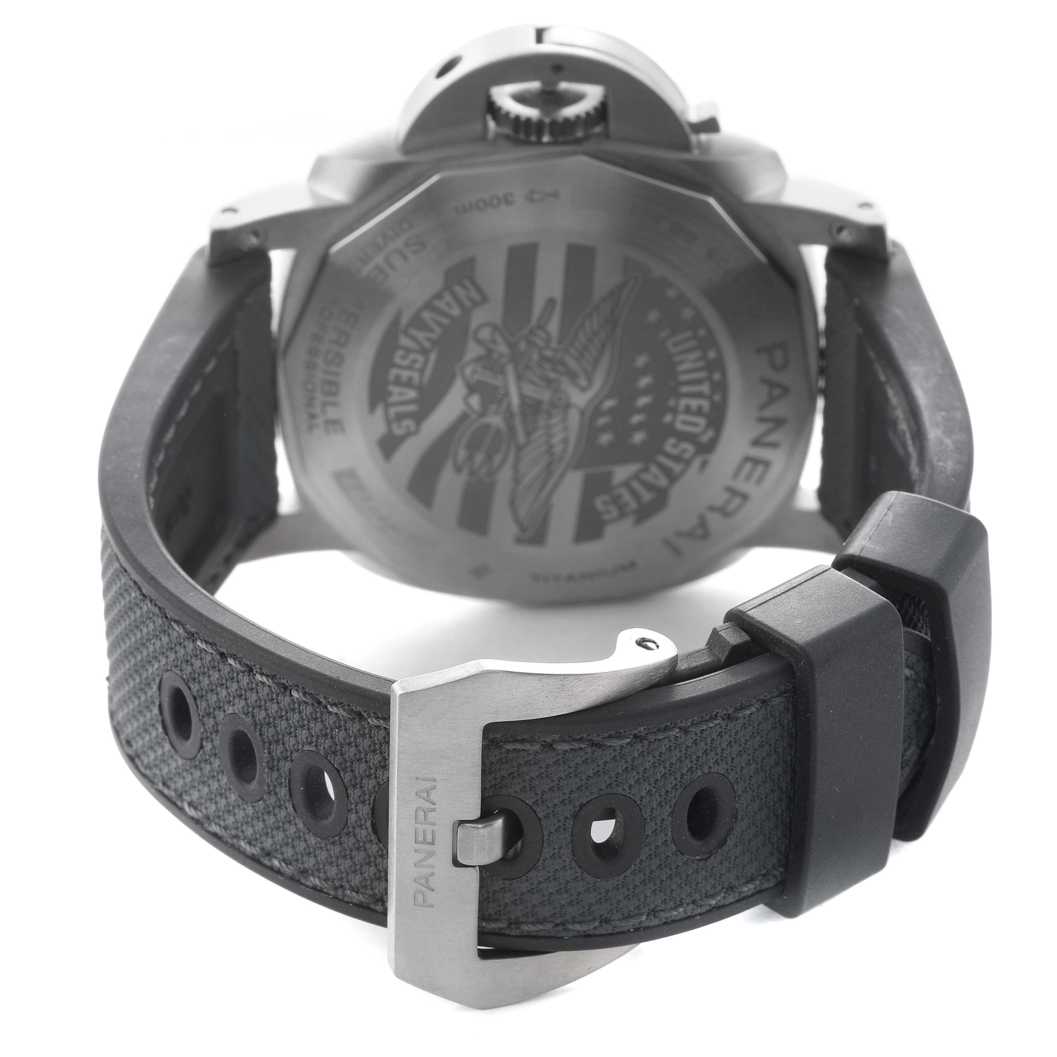 The image shows the back of the Panerai Submersible PAM01669 Men's Titanium Black Dial with a focus on the case back and strap buckle.