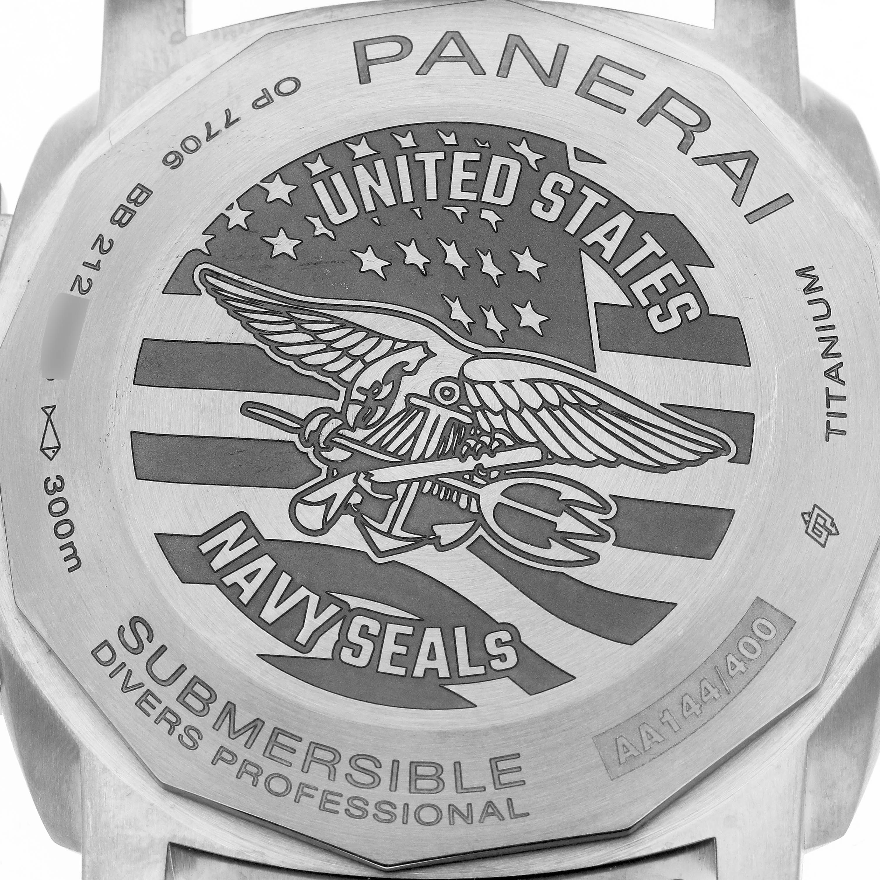The image shows the case back of a Panerai Submersible PAM01669 Men's Titanium Black Dial watch, featuring an engraving with "UNITED STATES NAVY SEALS" insignia.