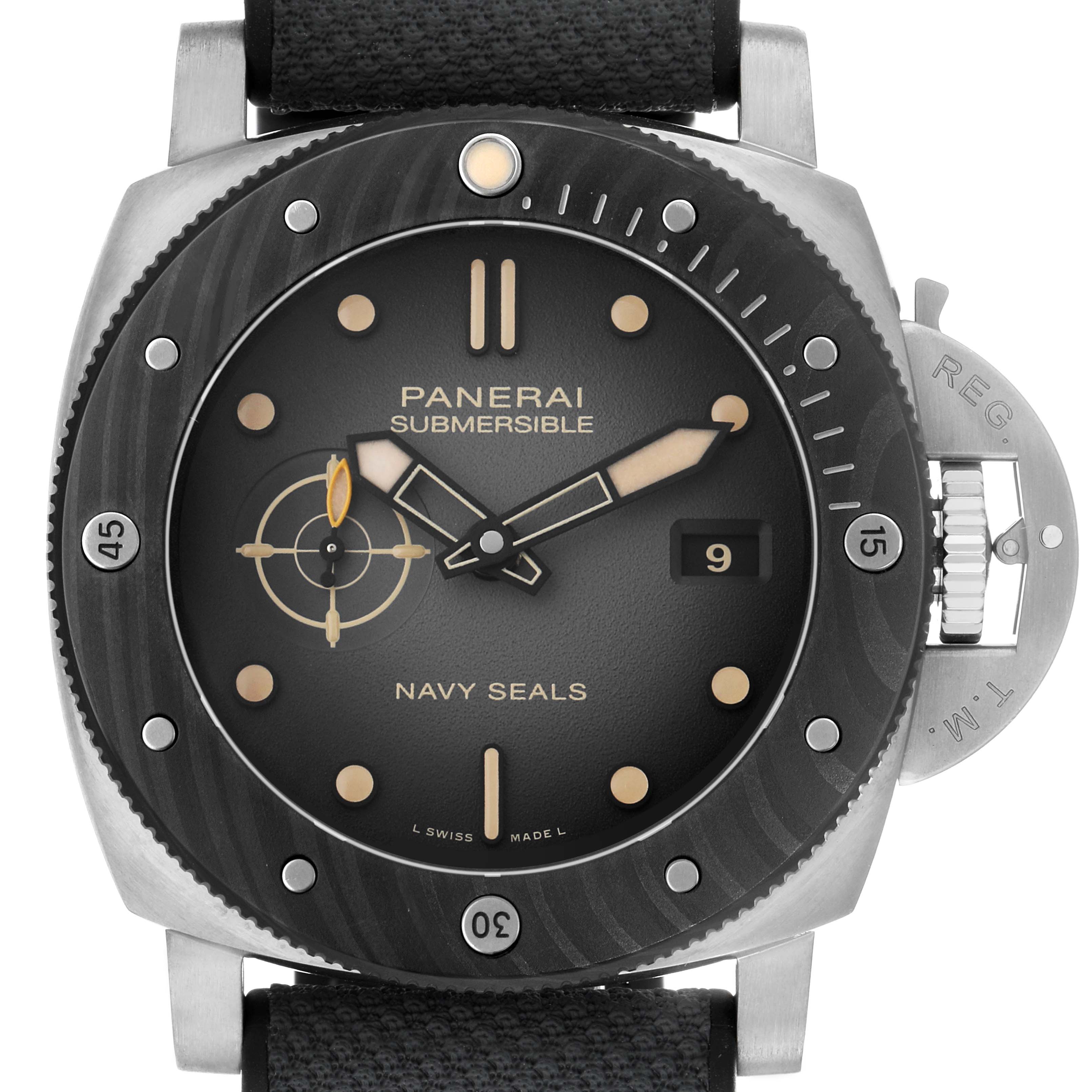 The image shows a front view of the Panerai Submersible PAM01669 Men's Titanium Black Dial watch, highlighting the dial, bezel, crown guard, and strap.