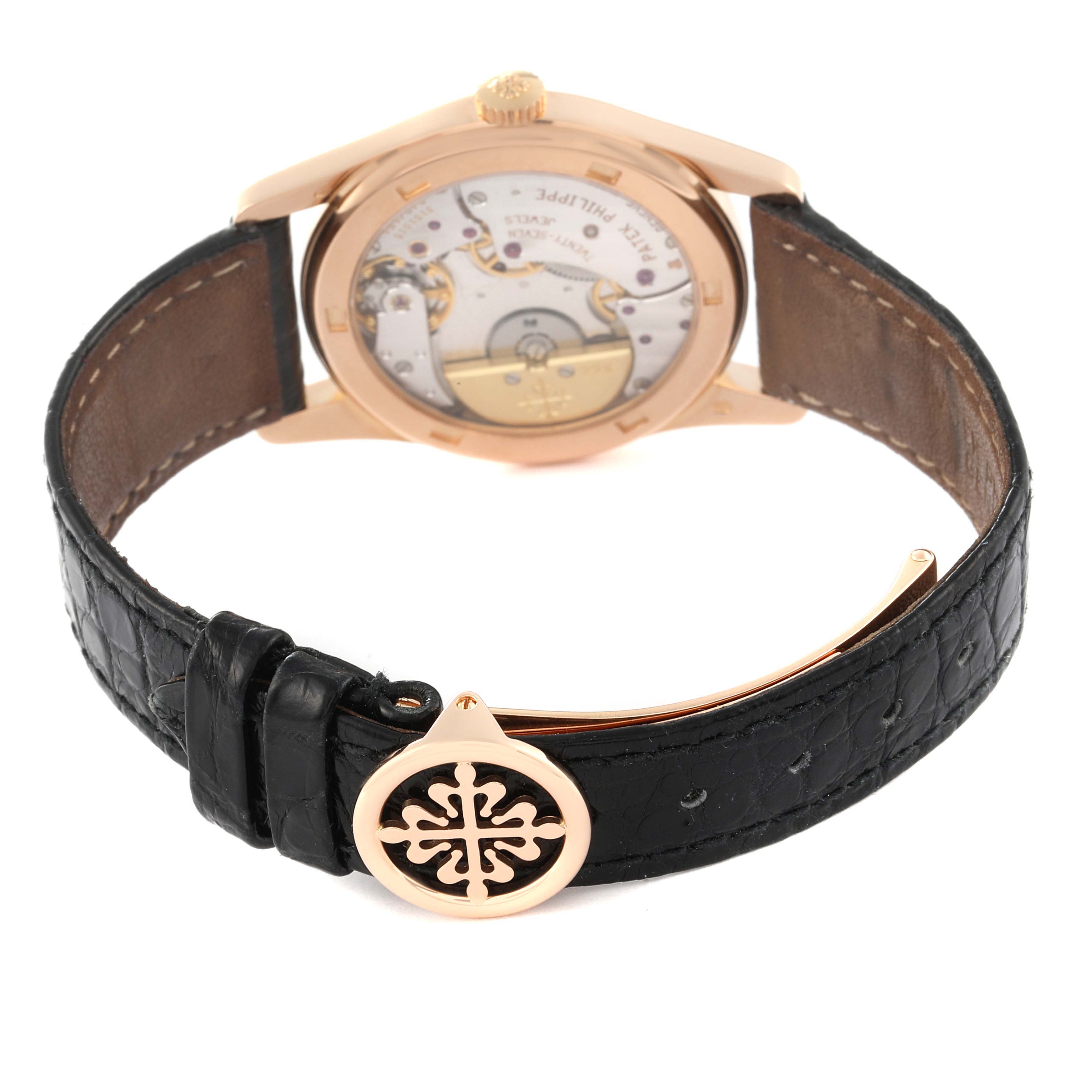 The image shows the back and strap of the Patek Philippe Calatrava 5000J Men's Rose Gold Brown Dial 5000J Men's Rose Gold Brown Dial watch.